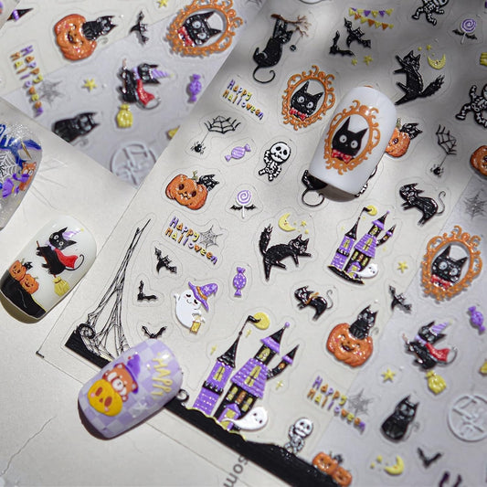 5D Embossed Halloween Nail Stickers Haunted House Ghost Nail Designs Pumpkin Cat Nail Decals 3D Self-Adhesive Skeleton Spider Web Nail Art Decoration for Women Holiday DIY Manicure 1 Sheet