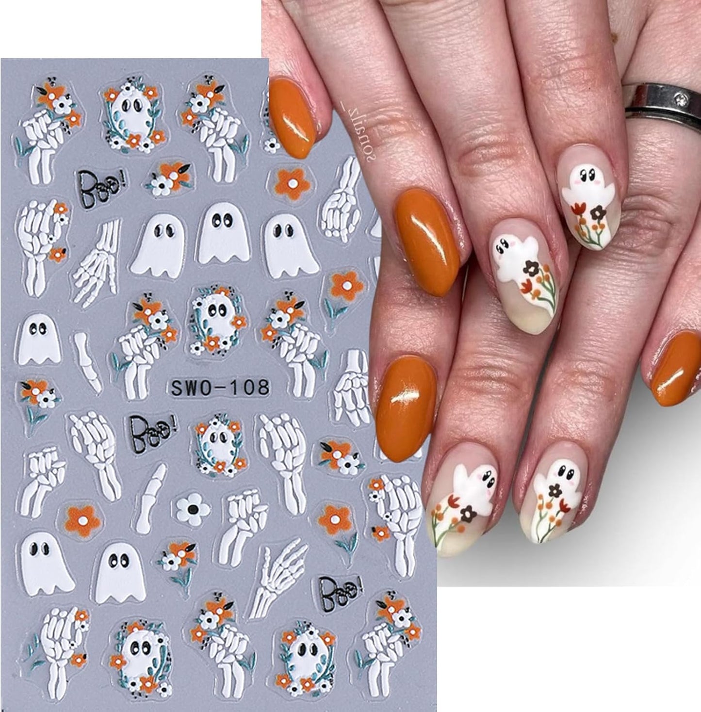 2 Sheets Halloween Nail Art Stickers Decals 5D Embossed Skeleton Rose Nail Decals Black Birds White Ghost Flower Skull Rose Design Halloween Nail Stickers Manicure Accessories for Women Nail Art Decor