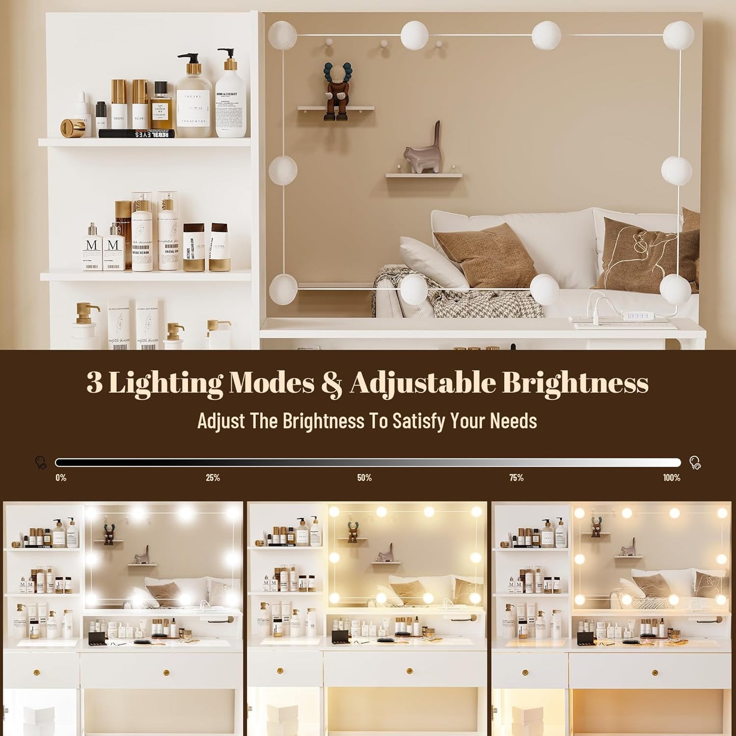 40" Vanity Desk with Large Mirror and Lights, Modern Glass Top Makeup Vanity Set with Power Outlet, Drawers and Cabinet, 3 Lighting Color Adjustable Dressing Table for Bedroom,White