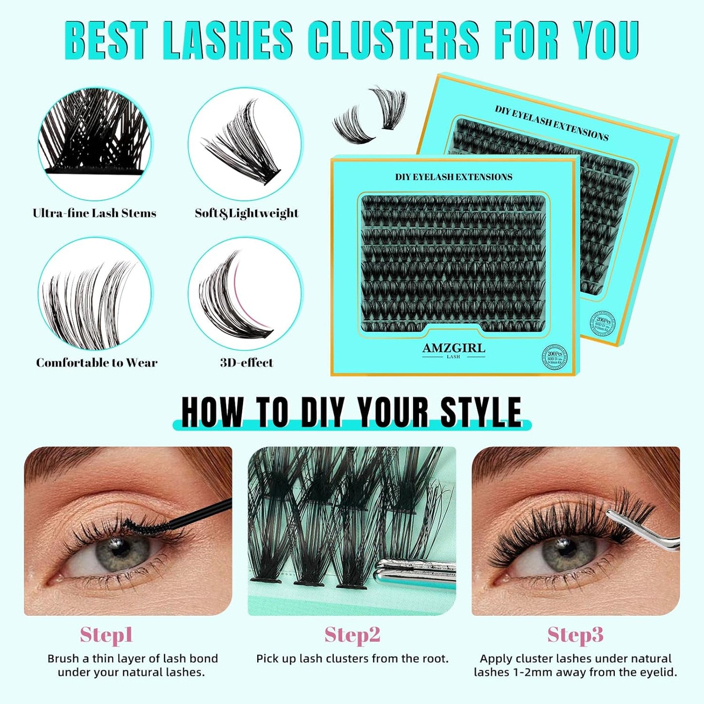 Lash Extension Kit 200PCS Lash Clusters Mix Eyelash Extension Kit with Waterproof Lash Bond and Remover,Individual Lashes with Lash Tweezers for Beginners at Home(60D,D-Mix9-16mm)