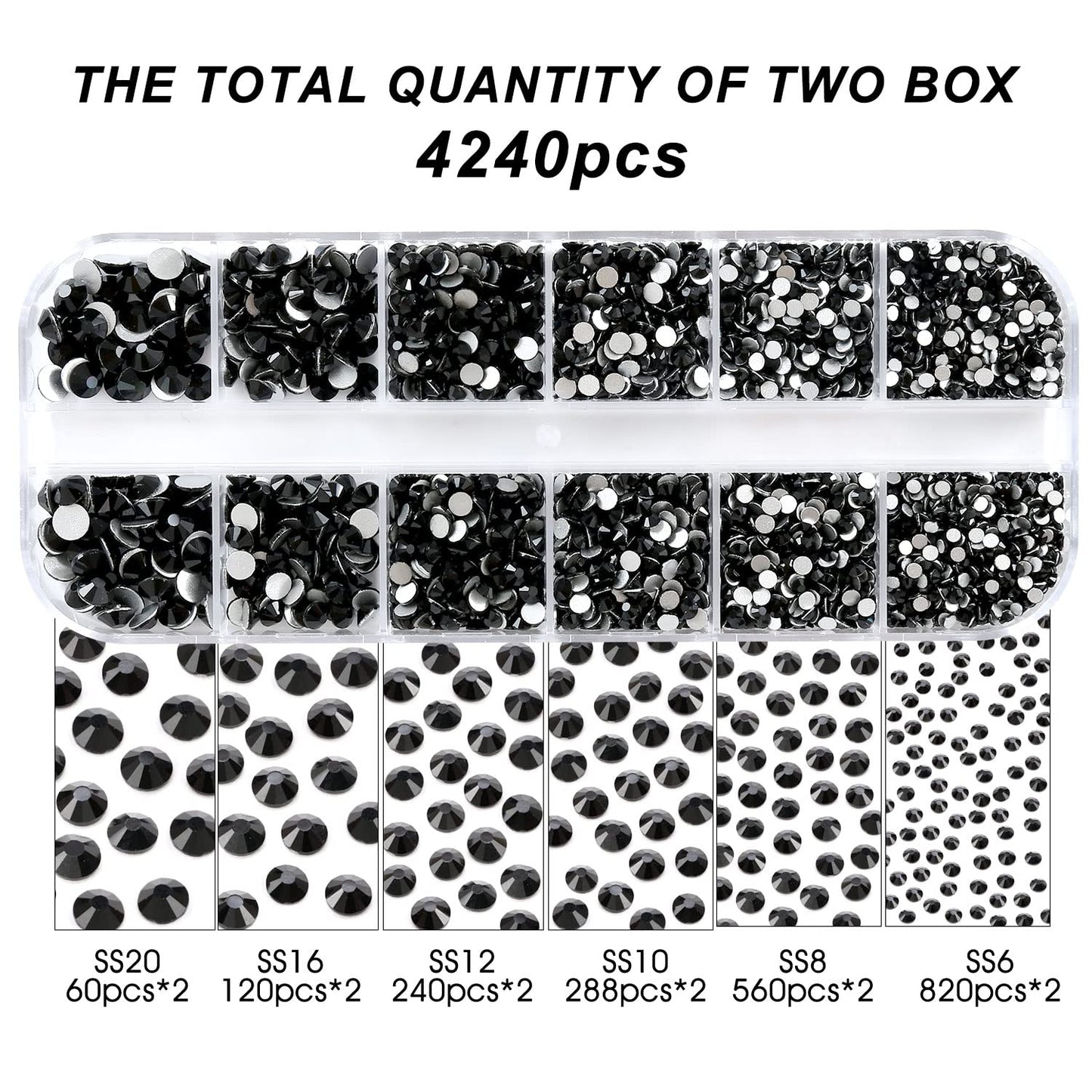 4240Pcs Flatback Black Rhinestones Glass Crystal Gemstones for Nail Art Eye Jewels Makeup Round with Tweezers and Picking Pen (SS6~SS20 Set)
