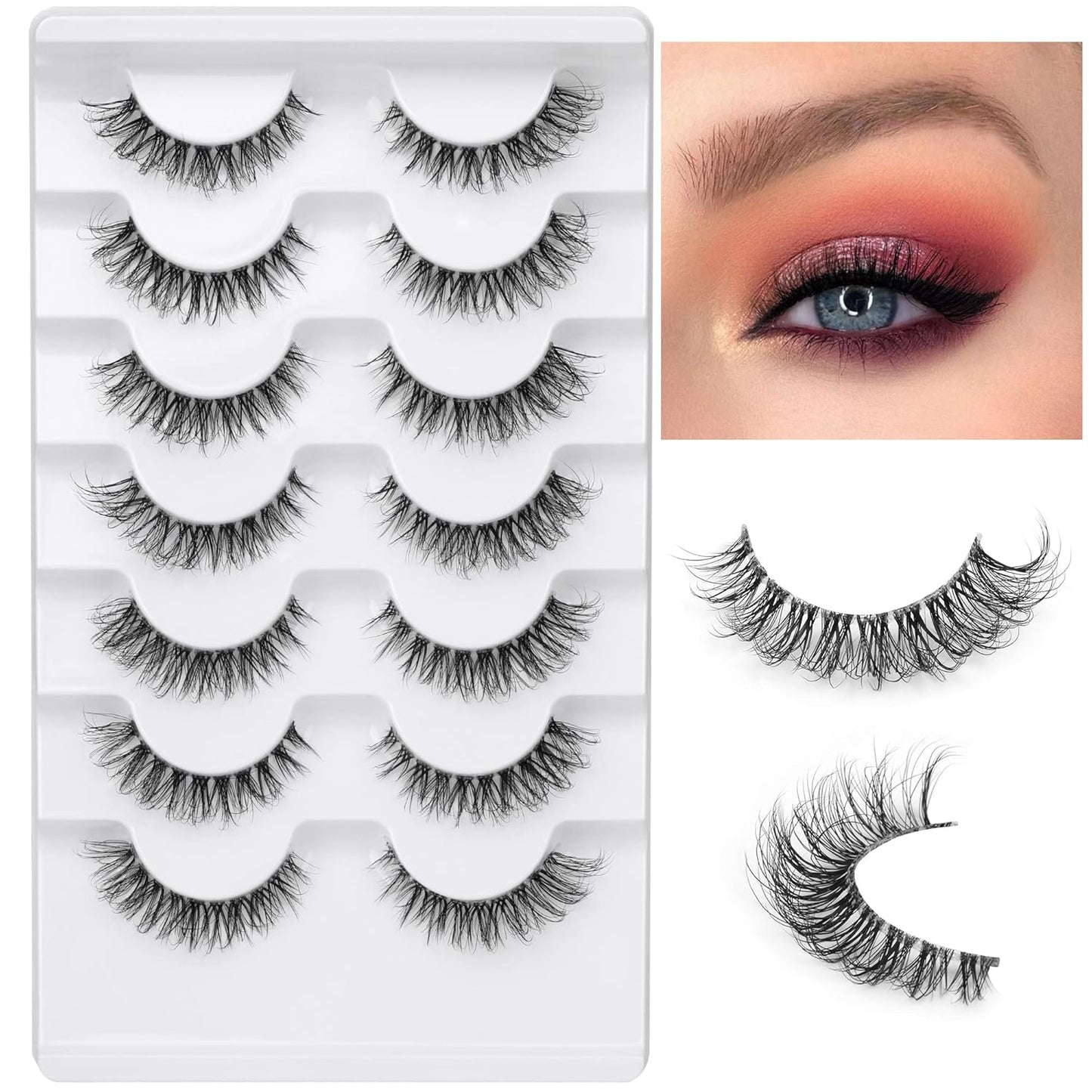JIMIRE Demi-wispies Faux Mink Eyelashes with Clear Band Russian Strip Lashes Fluffy Natural Look Wispy Light 13MM Short False Eyelashes Invisible Small 3D Fake Lashs Pack 7 Pairs