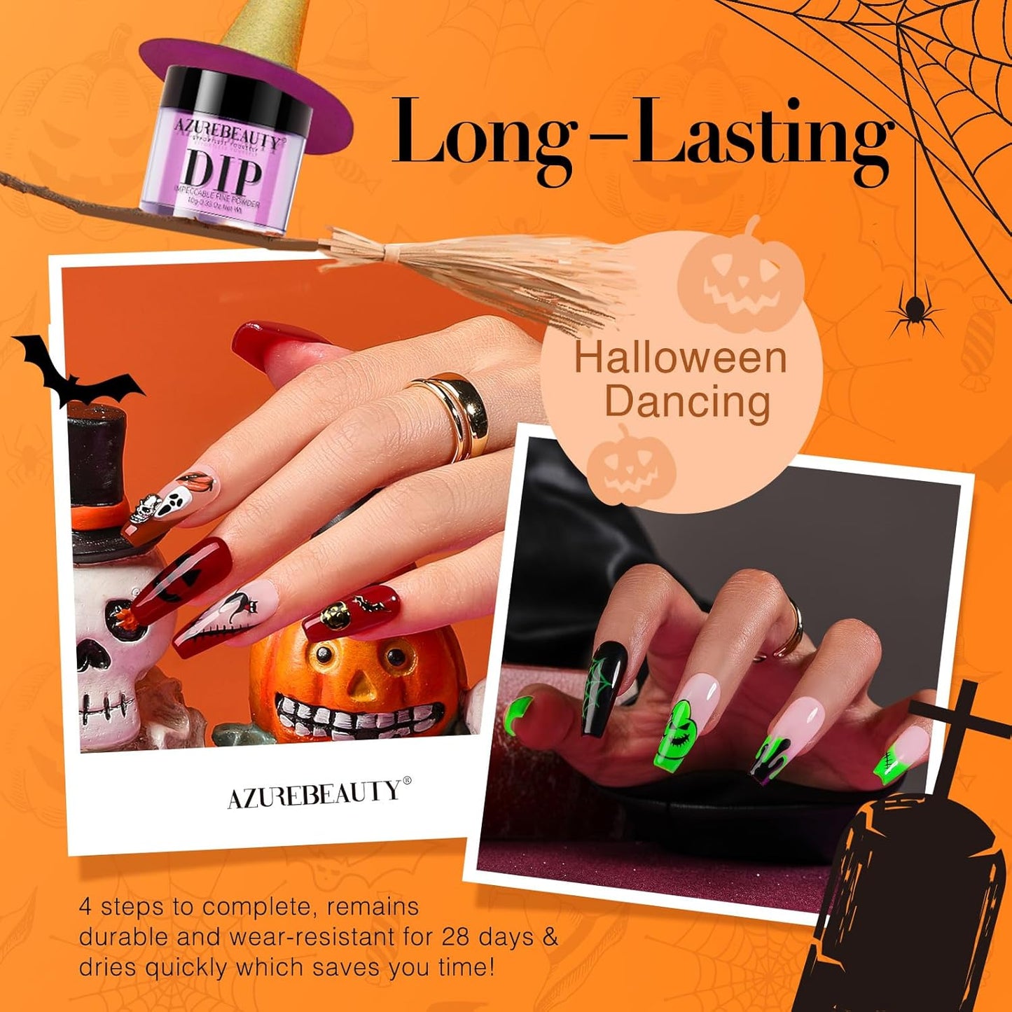 AZUREBEAUTY Halloween Dip Powder Nail Kit Starter Black Green Noctilucent Purple Red add 3D Nails Accessory Acrylic Dip Powder Liquid Set with Base/Top Coat Activator for Manicure Gift Box