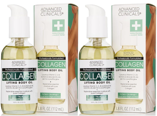 Advanced Clinicals Hydrating Collagen Oil For Body & After Shower | Visible Anti Aging Moisturizing Collagen Body Oil For Women & Men Helps Soften Appearance Of Crepe Skin & Wrinkles, 3.8 Fl Oz, 2pc