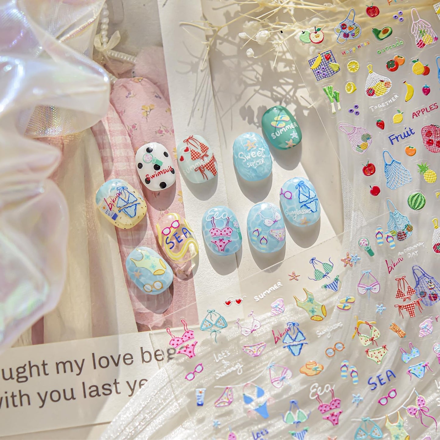 5D Embossed Fruit Nail Art Stickers Summer Beach Fruit Nail Decals Orange Lemon Kiwifruit Apple Banana Summer Nails Design Nail Stickers Cute Pineapple Nail Accessories for DIY Women Nail Decor 1Pcs