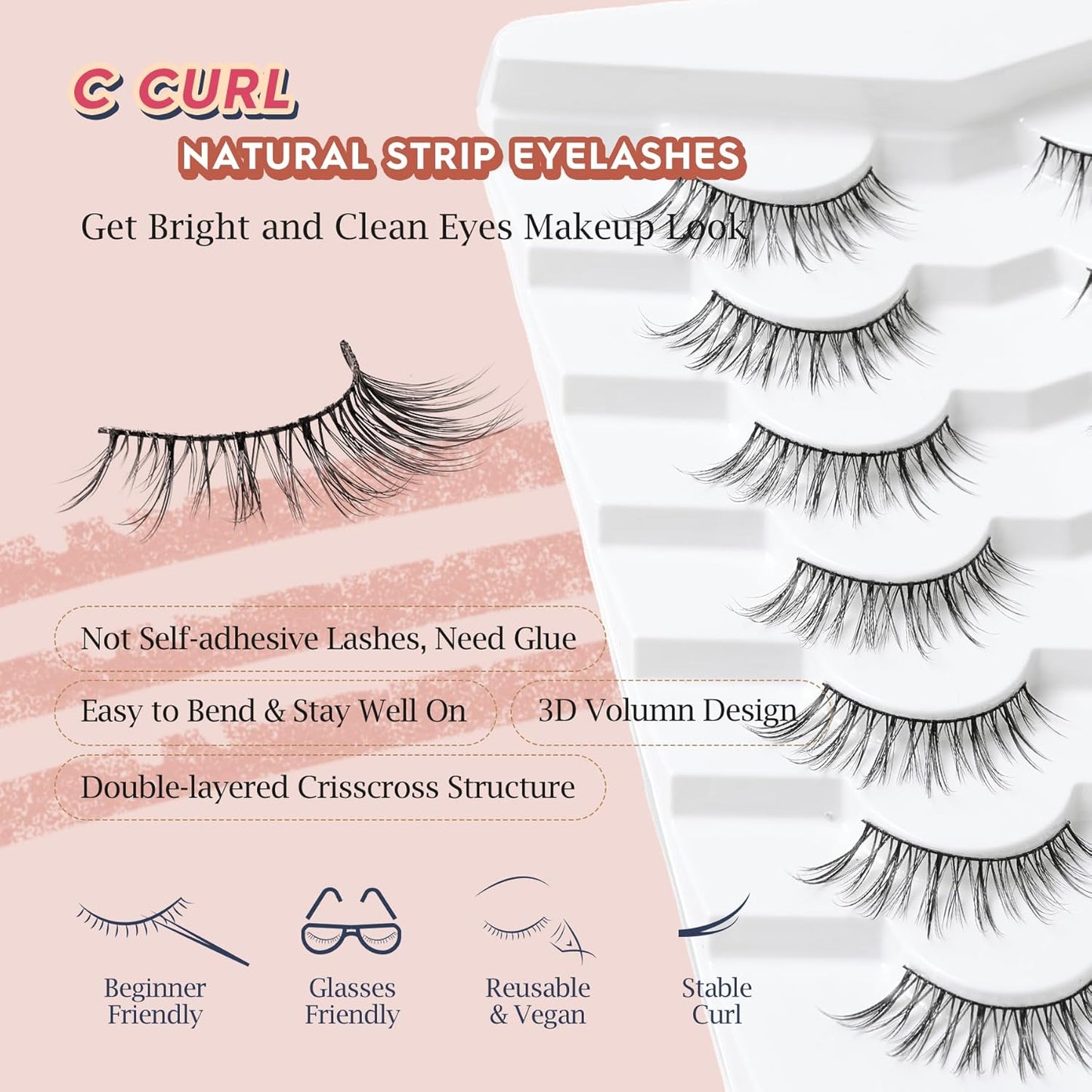 Wispy Eyelashes Cat Eye Lashes Natural Look Fox Eye Eyelashes Thin Band Strip Lashes 15MM False Eyelashes 3D Volume Fake Lashes Pack 7 Pair Siligli