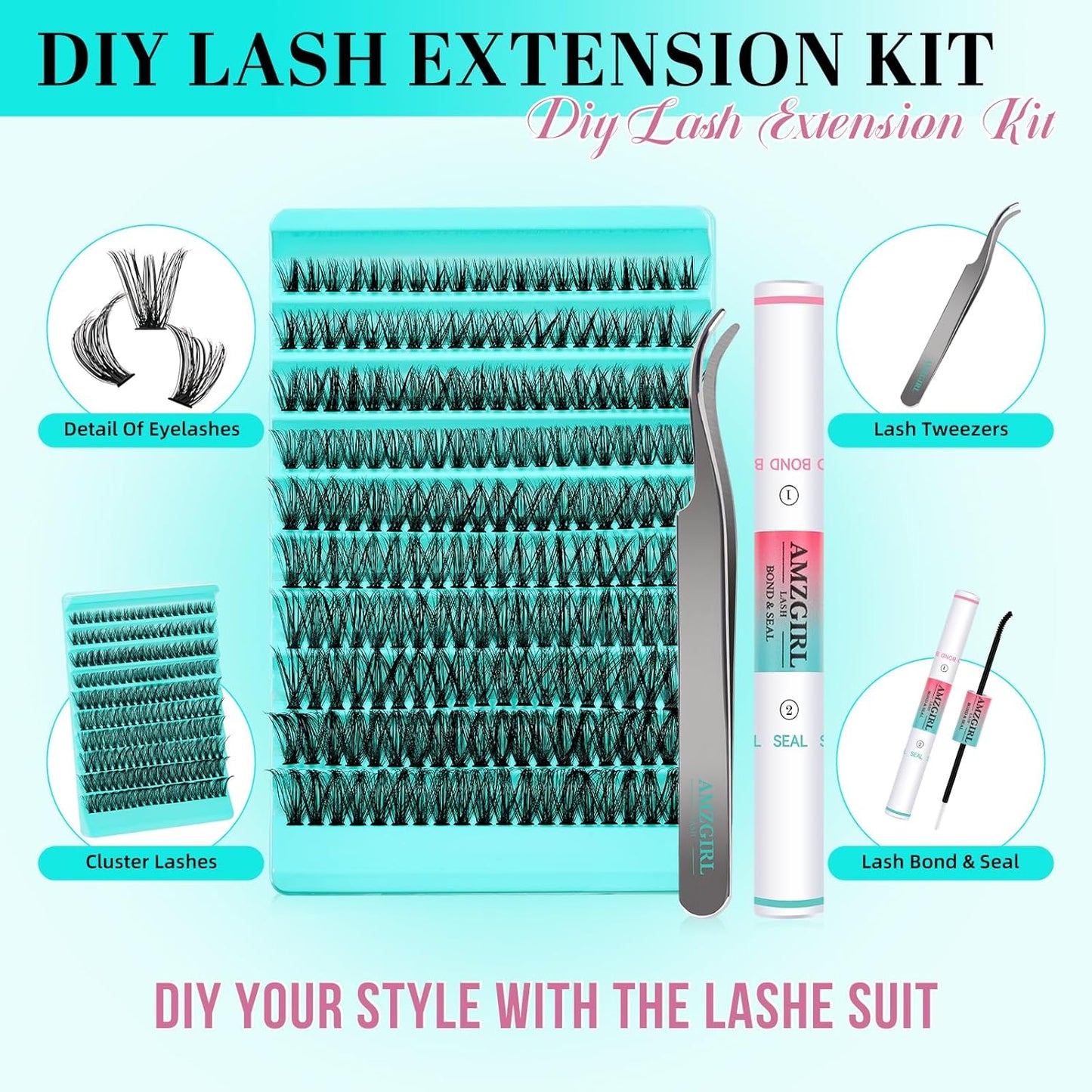Lash Clusters Kit 200PCS 50D Eyelash Extension Kit D Curl Wispy Eyelash Clusters DIY Natural Individual Lashes Kits Lashes Extensions Kit with Lash Bond and Remover Eyelash Tweezer at Home（White Bond）