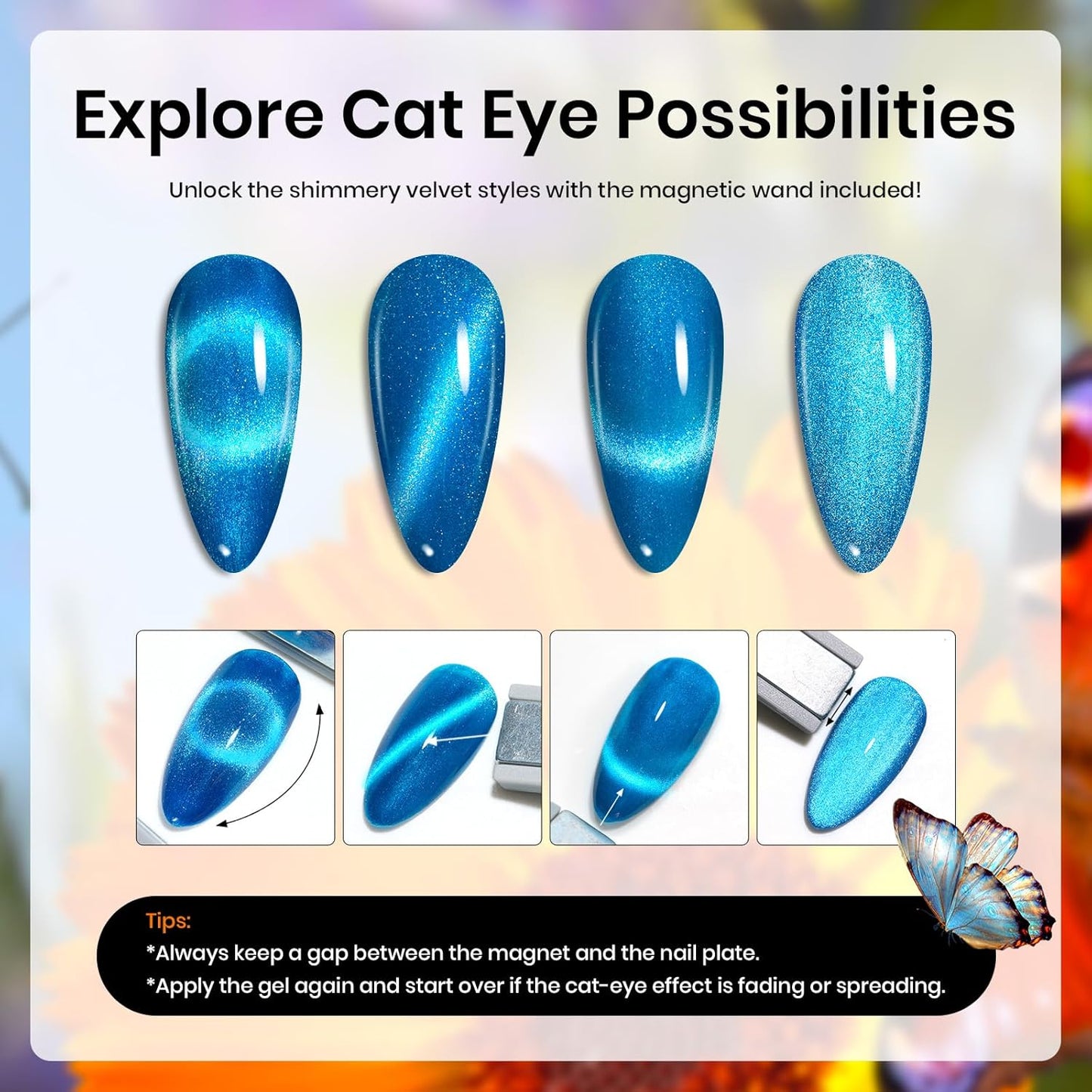 Beetles Cat Eye Gel Nail Polish Set, 15 Colors Gel Polish Nail Kit, Orange Glitter Purple White Blue Sparkle Uv Gel with Base & Top Coat & 3D Silicone Mold Nail Art for Decoration