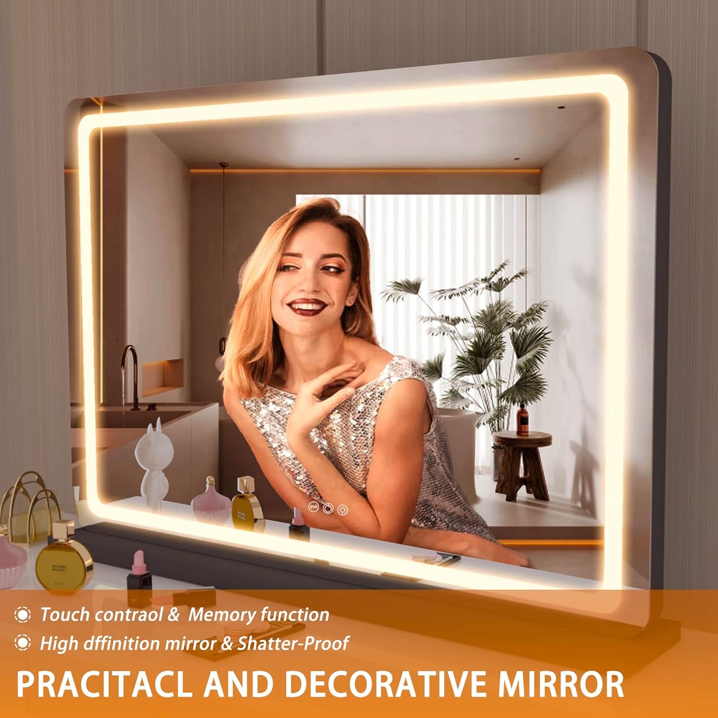 Hasipu Vanity Mirror with Lights, 31.5" x 22" LED Makeup Mirror, Lighted Makeup Mirror with Dimmable 3 Modes, Touch Screen Control Vanity Mirror Round Black
