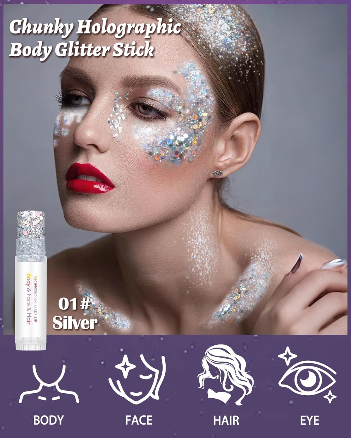 Body Glitter Stick, Waterproof Long Lasting Sparkling Face Shimmer Makeup, Singer Concerts Disco Music Halloween Festival Rave Accessories, Holographic Chunky Sequins Hair Stick,Gift for Women girl-01
