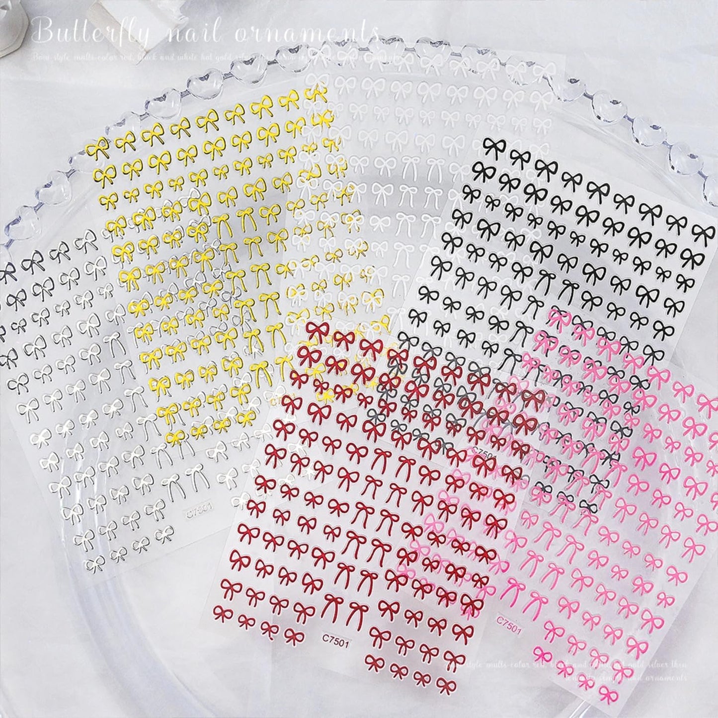 12 Sheets Self-Adhesive Bow Nail Stickers - 3D Decals for Nail Art - Black, White, Pink - DIY Manicure Decorations for Women & Girls