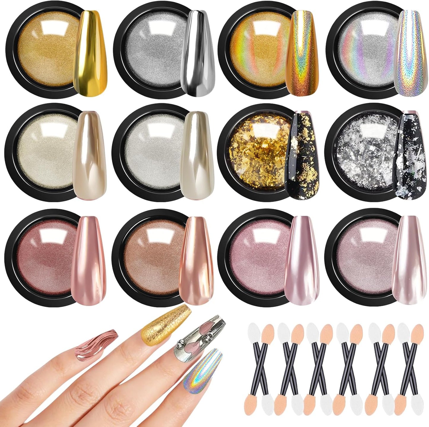 Gold Silver Chrome Nail Powder, 12 Colors Iridescent Holographic Unicorn Chrome Powder for Nails, Metallic Mirror Effect Rose Gold Champagne Nail Powder Pigment Glitter Foils Flakes Nail Art