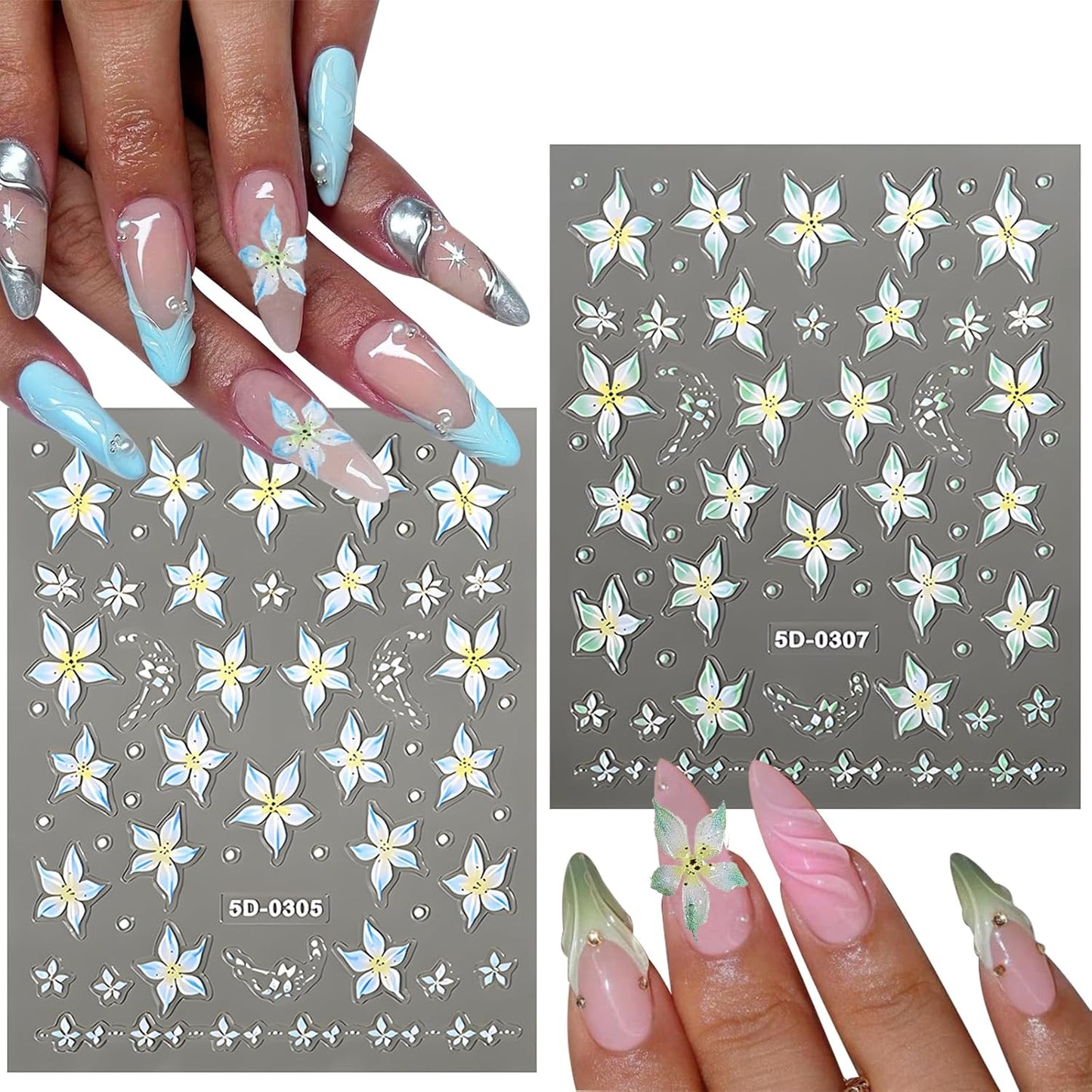Flower Nail Stickers for Nail Art 5D Embossed Nails Decals Spring Summer Lily Decoration for Women Nails Design 3D Self Adhesive Pink Blue Green Flower Supplies