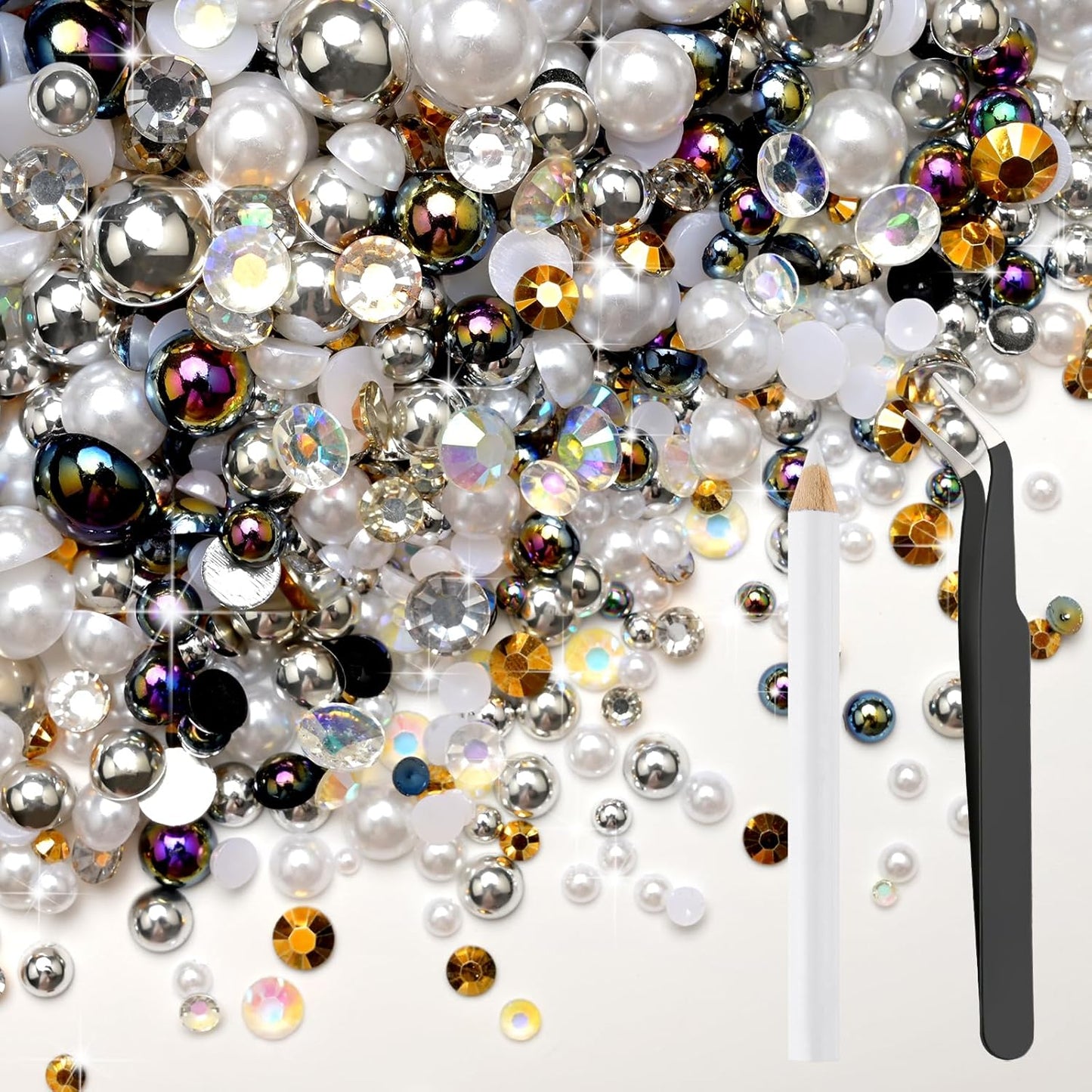 80g Mix Flatback Pearls and Rhinestones for Crafts Black White Mixed Size 2mm-10mm Half Round Pearls Rhinestones for Nail Art Tumblers Shoes DIY Bedazzling with Tweezers Wax Pen