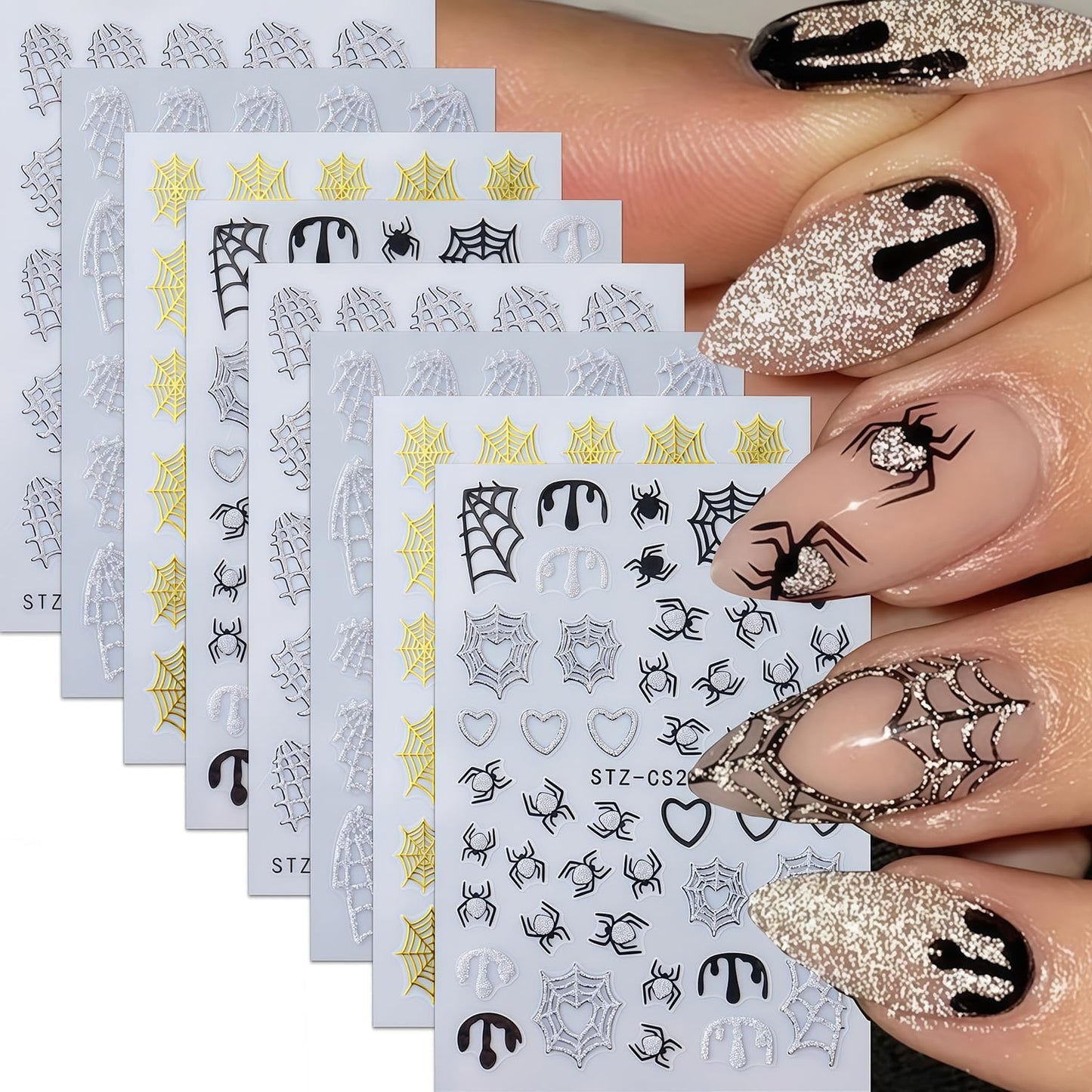 8 Sheets Halloween Nail Art Stickers 3D Self-Adhesive Shiny Gold White Silver Spider Web and Spider with Glitter Nail Art Design Sticker Festival Spiders Nail Stickers for DIY Manicure Decoration
