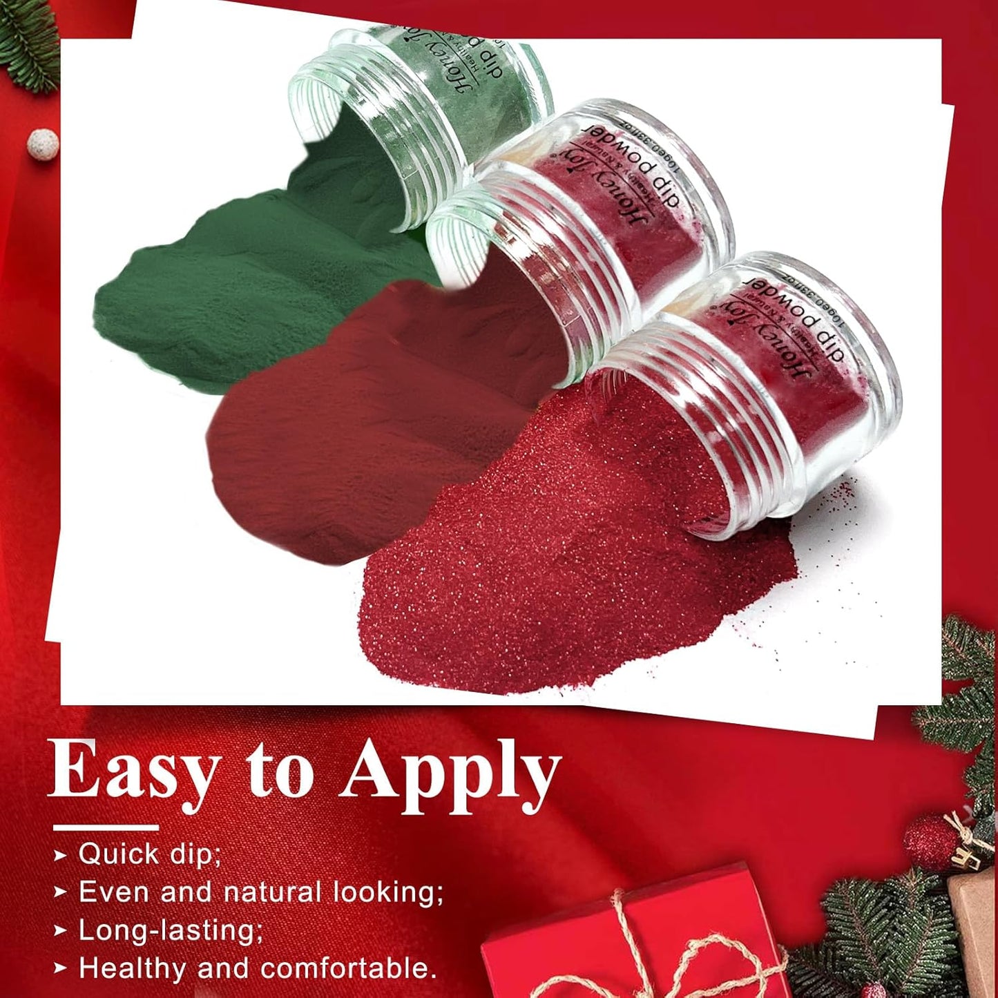 Honey Joy Dip Powder Nail Kit Starter, 4 Colors Christmas Glitter Red Green Blue Dipping Powder Liquid Set with Base Top Coat for Nail Art Manicure Salon DIY, Dip-7pcs-No.15