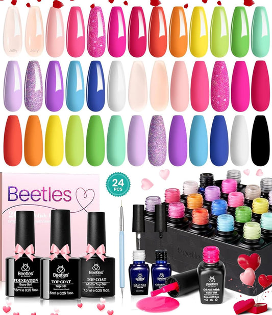 Beetles Summer Gel Nail Polish Set 24pcs Jelly Neon Hot Pink Orange Green Blue Purple Color with White Black Liner Gel Polish and Base Top Coat Nail Art Pen Gifts for Women Fancy Pop