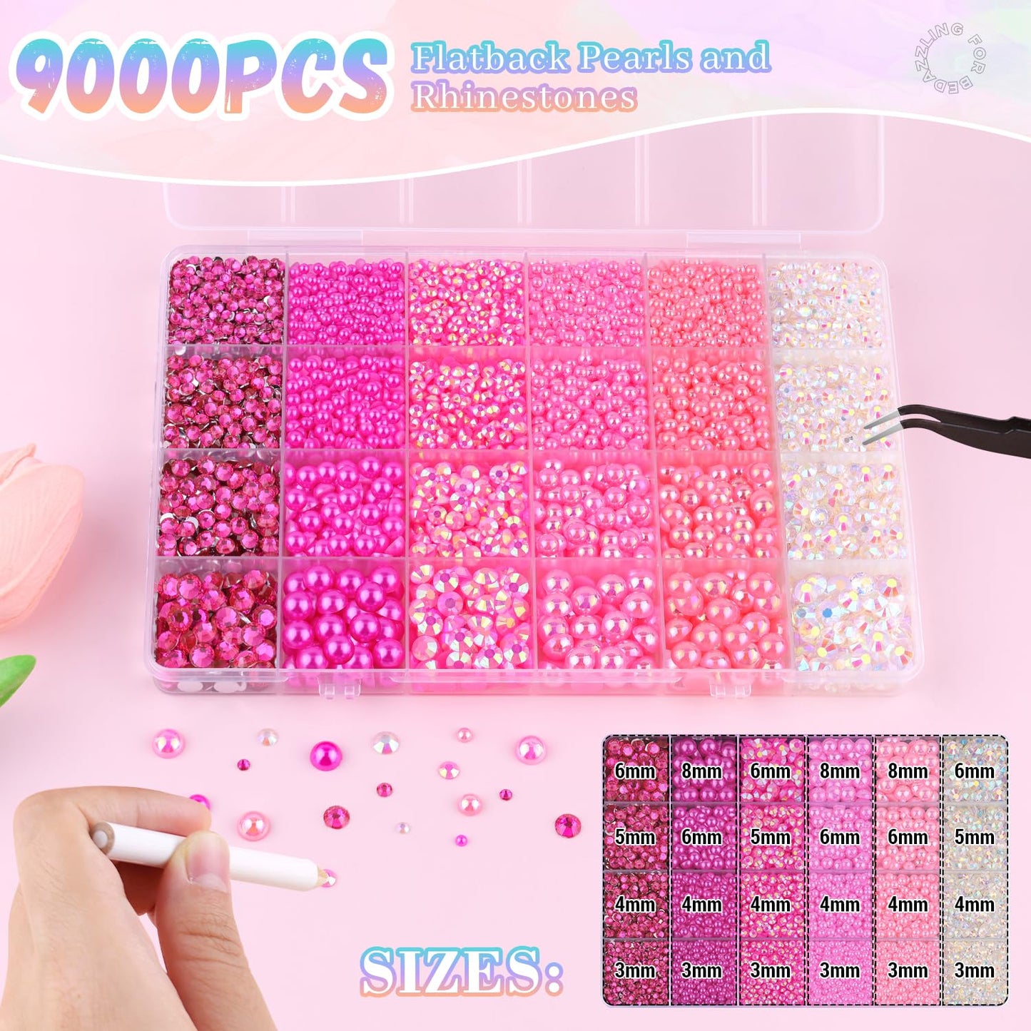 9000Pcs Flatback Pearls and Rhinestones for Crafting, Hot Pink Light Pink Mixed Size 3-8mm Resin Rhinestones and Half Pearls for Bedazzling, Nail Art with Tweezers and Pickup Pencil