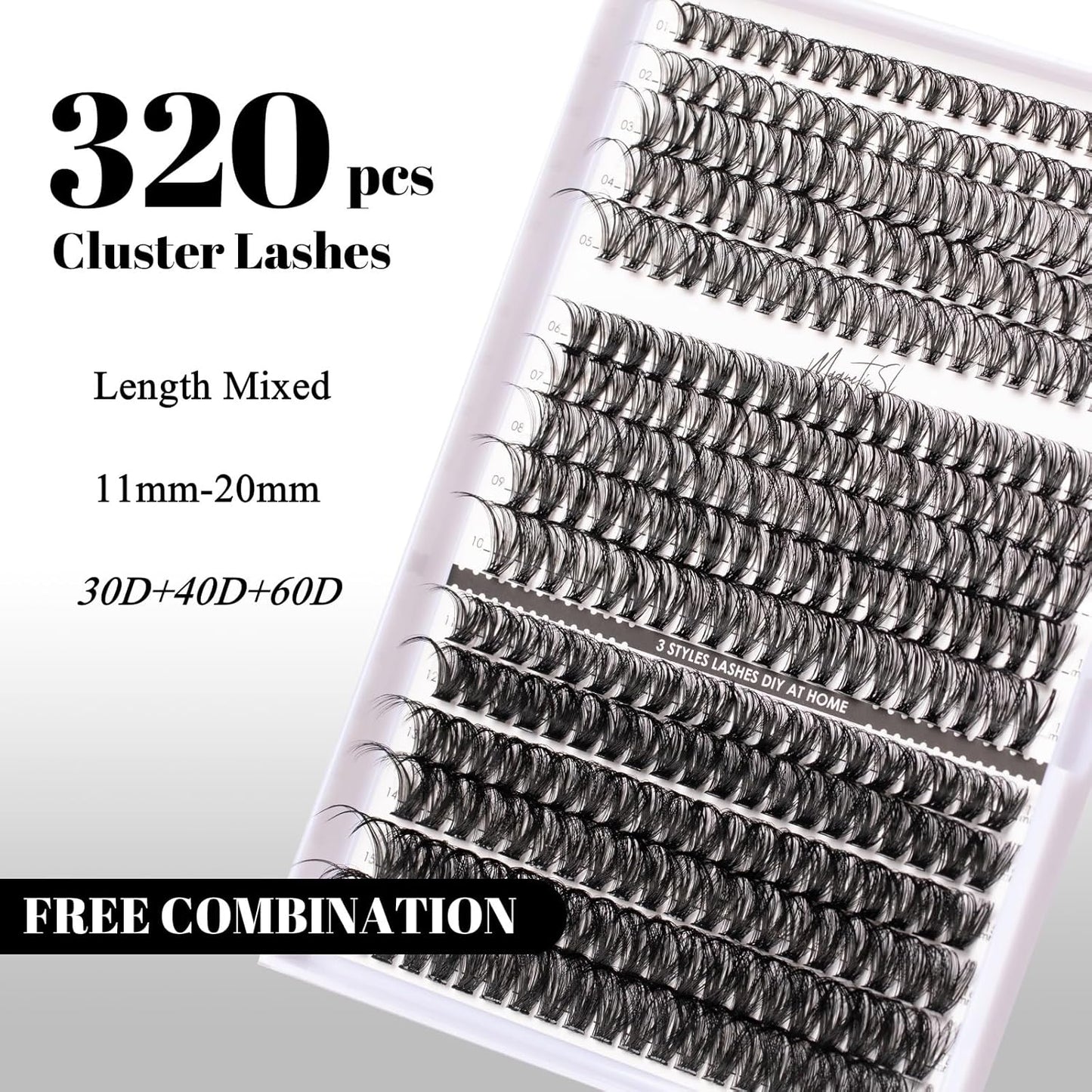Lash Clusters 320pcs Individual Lashes 30D&40D&60D DIY Lash Extensions D Curl Lash Clusters False Eyelashes Natural Look 11-20mm Mix Cluster Eyelash Extensions EASY TO USE (30D+40D+60D-0.07D)