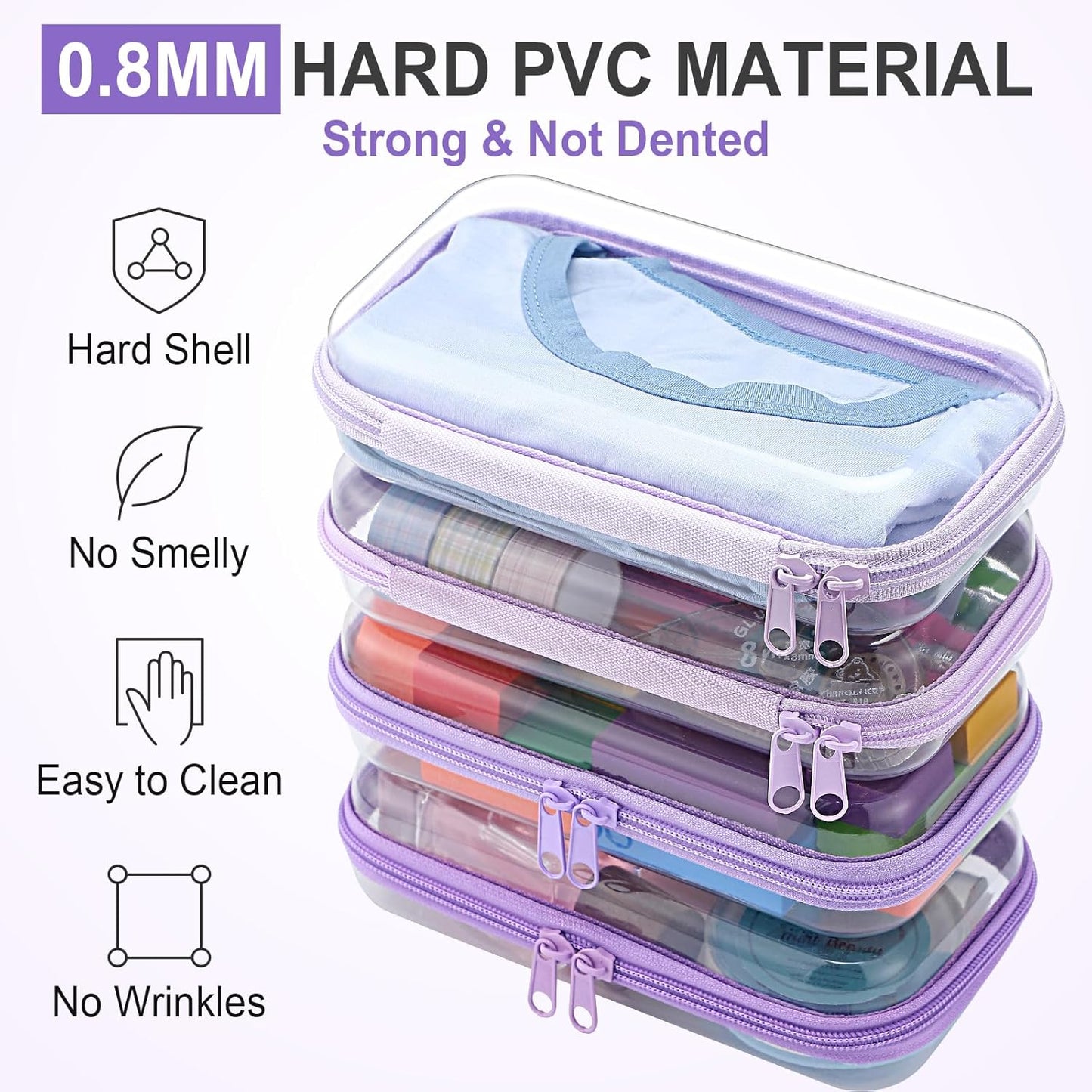 Hoolerry 4 Pcs Hard Clear Zipper Case Makeup Bags Plastic Pencil Pouch Transparent Storage Box Containers for Cosmetics, Snacks, Building Blocks, Puzzles(Purple,7.5 x 3.9 x 2 in)