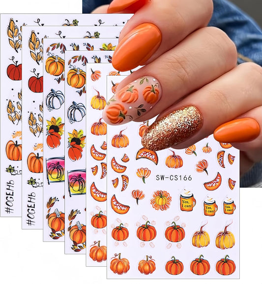 6Sheets Fall Nail Art Stickers 3D Nail Self-Adhesive Sticker Autumn Leaves Pumpkin Designs Nail Decals Ginkgo Leaf Pumpkin Dried Flower Autumn Thanksgiving for Women Girls DIY Nail Decorations
