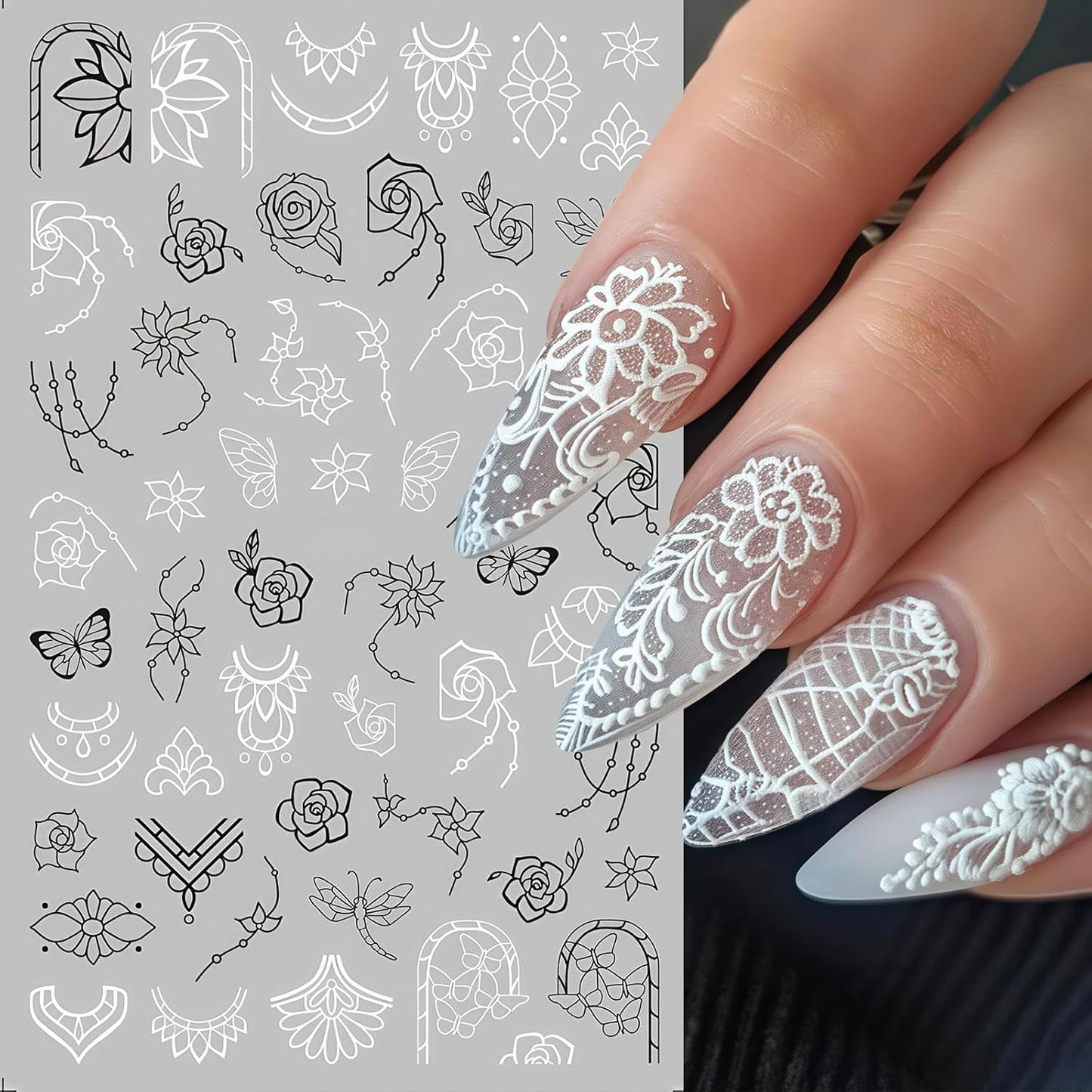 10 Sheets Black White Leaves Flowers Nail Stickers Decals 3D Self- Adhesive Retro Flower Vintage Vine Rose Flower Butterflies Nail Design Classic Fashion Simple Nails Supplies for Acrylic Nail DIY