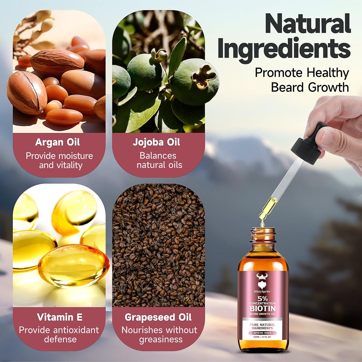 Beard Growth Oil - 5% Concentration Biotin Beard Oil for Men (2 oz) - Natural Mens Beard Oil with Argan Oil, Jojoba Oil and Vitamin, Beard Growth Softener, Moisturizer (Mystic Hour)