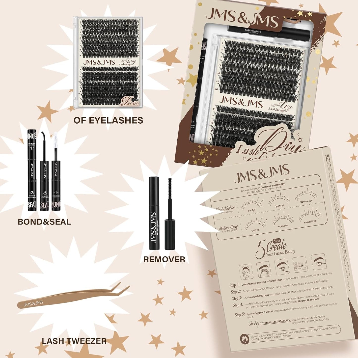 DIY Lash Extension Kit 60D+80D JMS&JMS Lash Clusters Kit D Curl 9-16MIX Individual Lashes Kit Waterproof Eyelash Extension Kit with Lash Bond and Seal Lash Applicator Tool Fluffy Cluster Lashes Kit