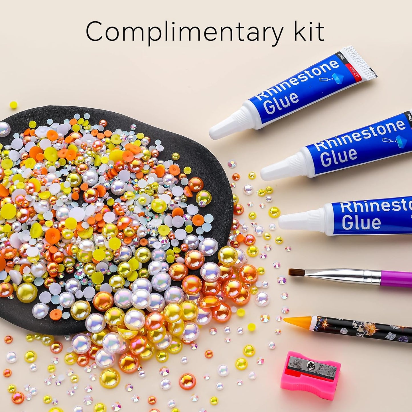 60g Orange Citrine Pearls Rhinestones for Crafts Mixed Size 3mm-10mm AB Color Round Half Pearls Flatback Pearl Beads and Resin Rhinestones Set for Face Art with Glue