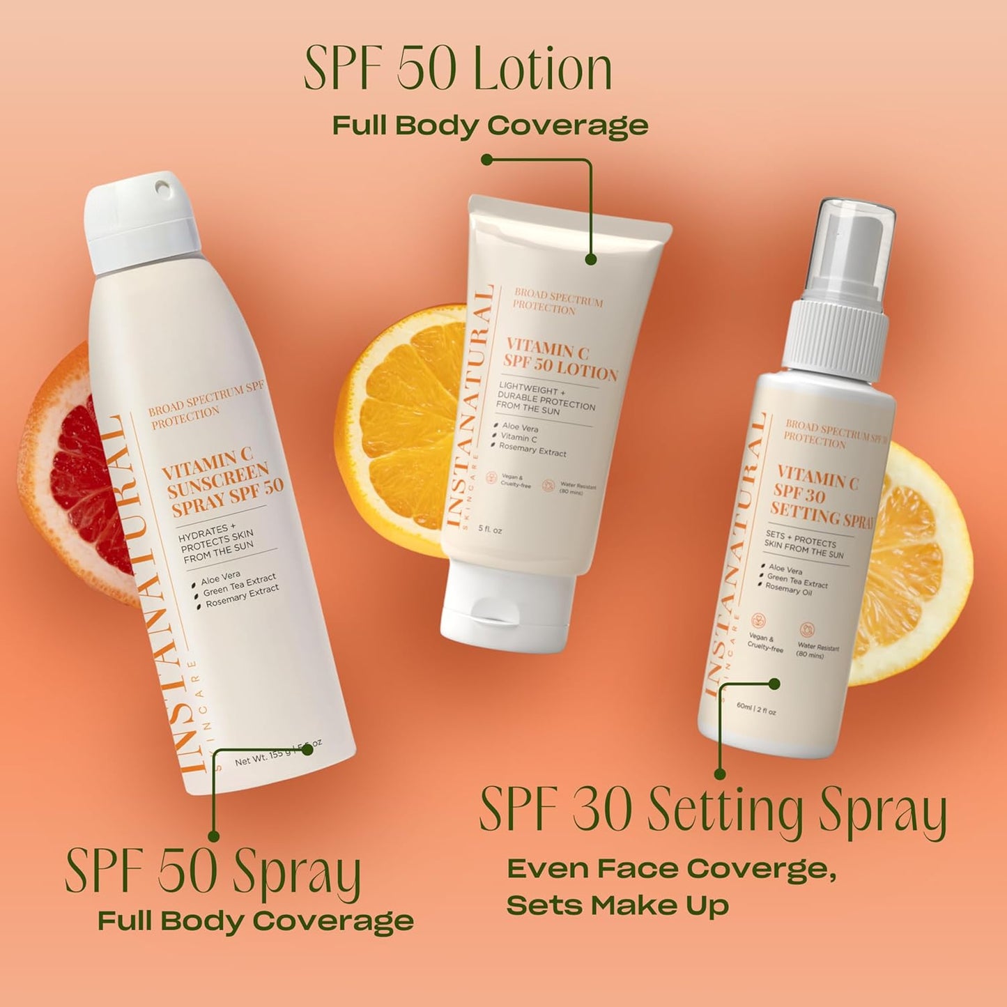 InstaNatural Skin Care Vitamin C SPF 50 Broad Spectrum Sunscreen Spray, Brightens & Hydrates, UVA, UVB Sun Protection Sunblock, with Aloe Vera & Botanicals, Aerosol Bottle, 5.5 Fl Oz