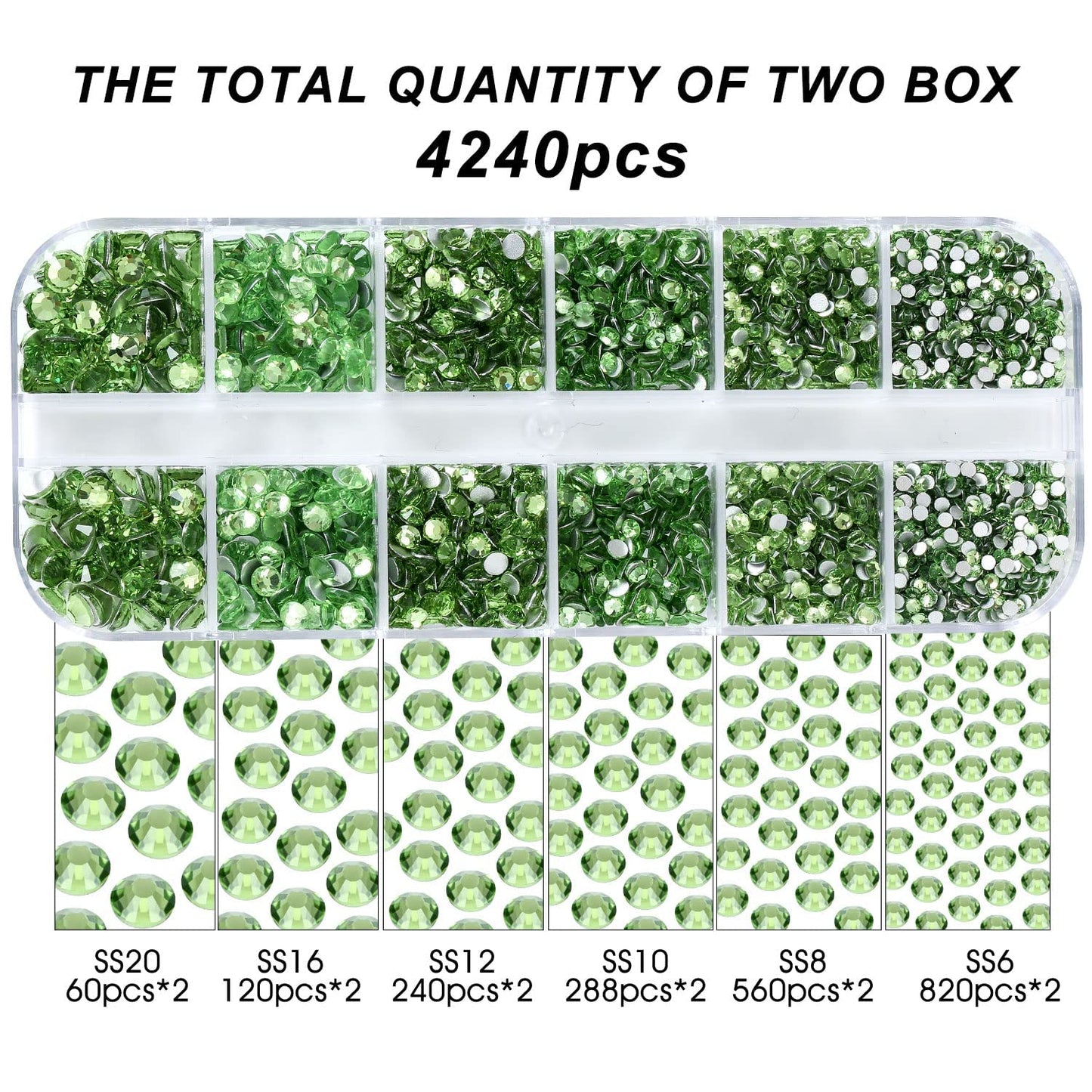 4240Pcs Lt. Green Flatback Rhinestones 6 Sizes Crystal Diamonds for Nail Art Crafts Clothes Shoes with Tweezers and Picking Pen