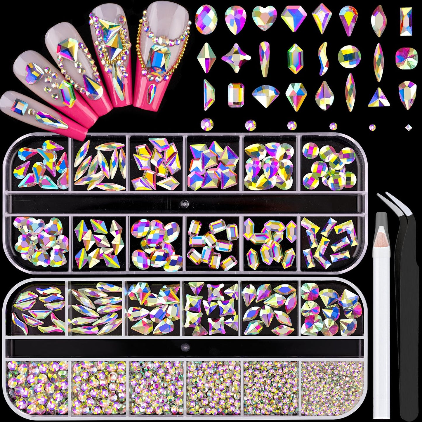 1680Pcs AB Glass Nail Rhinestones 180Pcs Multi Shapes Flatback Nail Gems + 1500Pcs 1.5-4mm Round Crystal, Manicure Nail Charms Diamond Gemstones for Acrylic Nails Decoration
