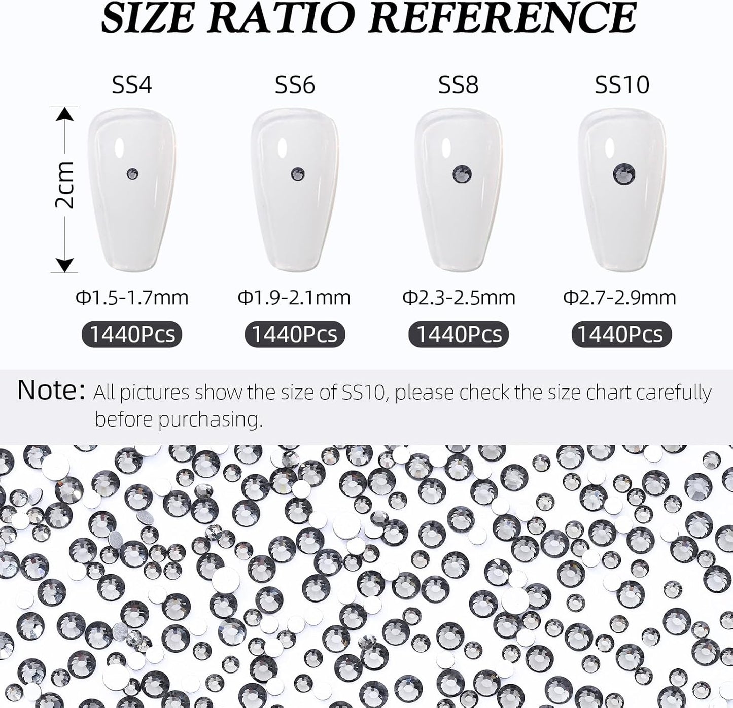 Gray Flatback Rhinestones, Glass Rhinestones for Nail Art and Craft, Glue Fix, Loose Crystal Gemstones(Gray, SS8, 1440pcs, 2.3-2.5mm)