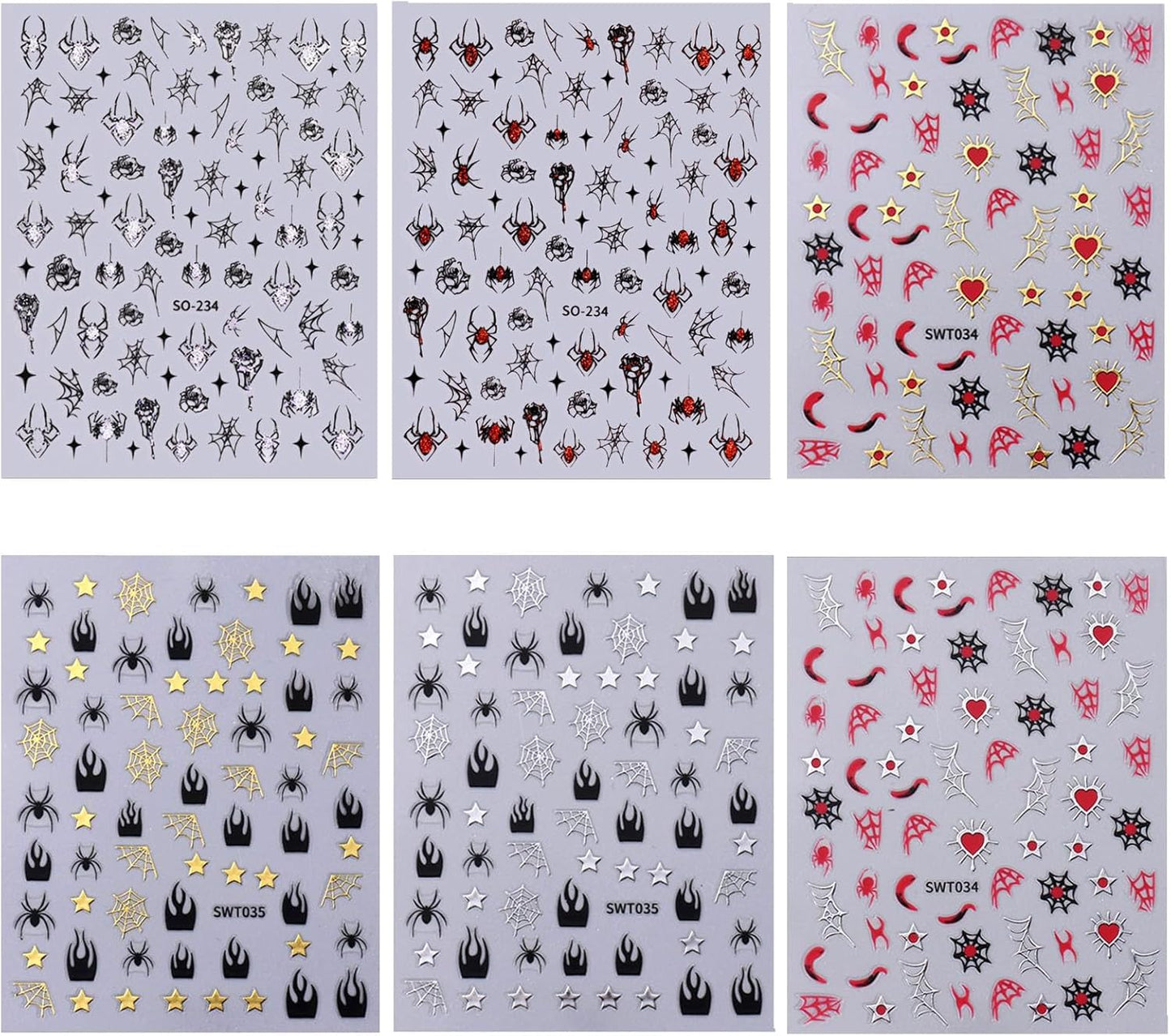 6 Sheets Halloween Nail Stickers Gold Silver Nail Decals for Nail Art Glitter Spider Nail Decals Spider Web Rose Stars Love Heart Design Nail Art Stickers for Women Girls DIY Nail Decorations