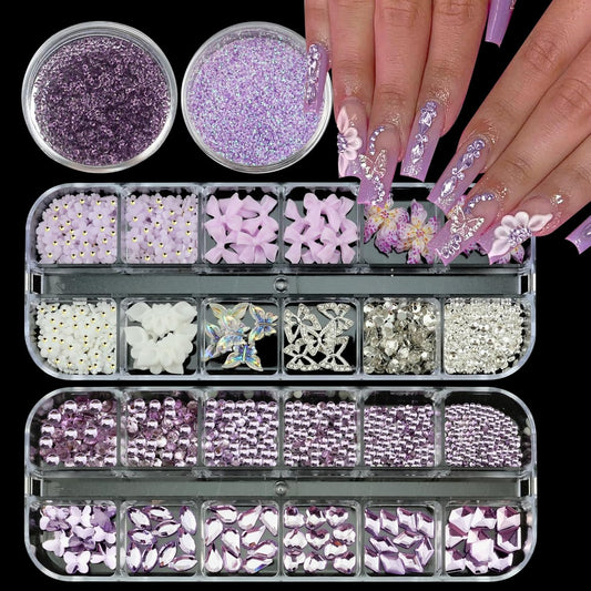 4 Boxes Purple Nail Gems Bow Flower Nail Charms for Acrylics - Irregular Crystals, Nails Rhinestone & Accessories for Women Nails Art Design Nails Decor(Purple)