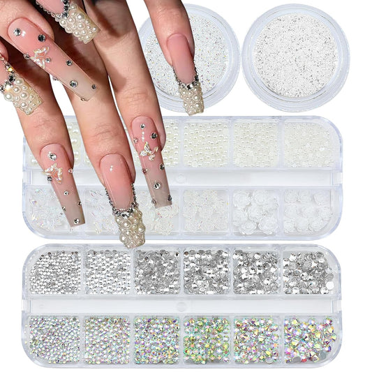 4 Boxes Nail Rhinestones and Pearls Nail Charms, 11000 PCS Crystals Nail Gems and Rhinestones for Nails, Nail Jewels Nail Art Supplies Luxurious Nail Accessories for Women Nail Decorations