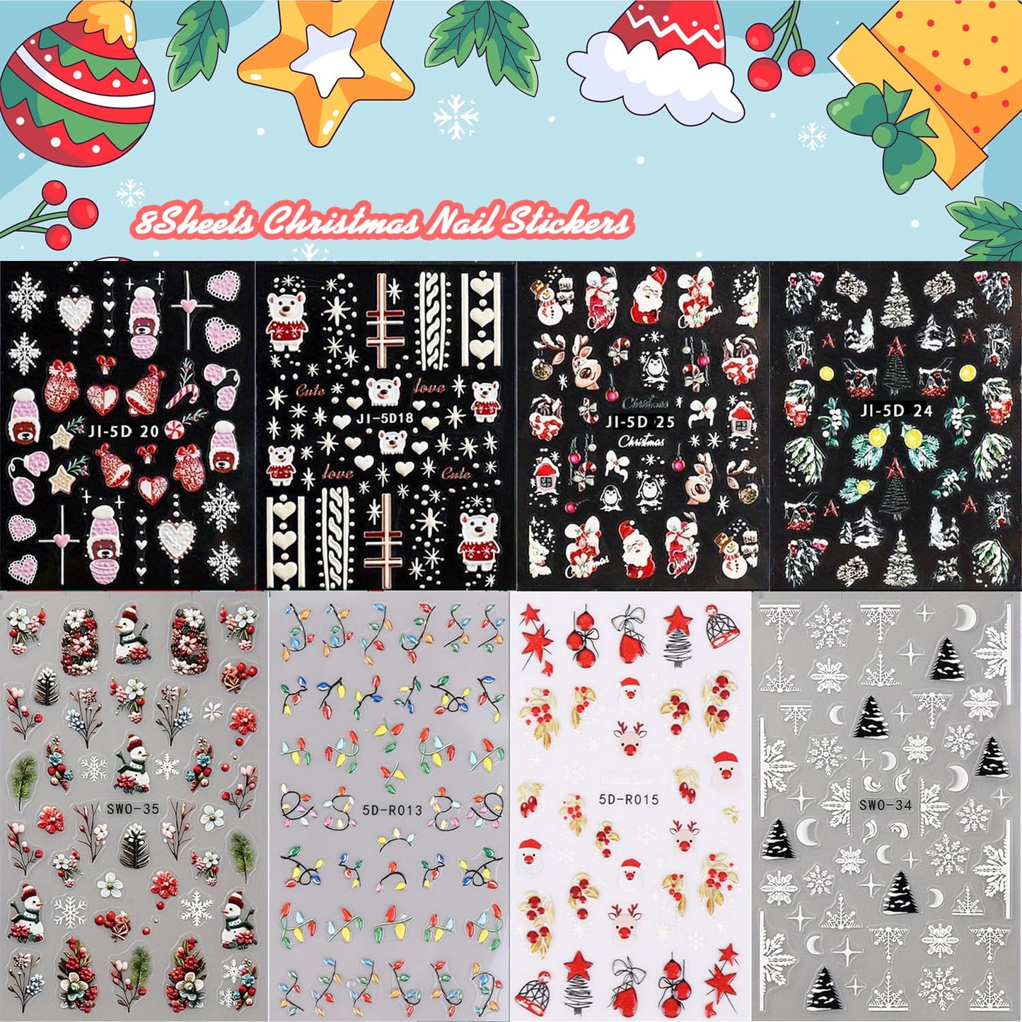 8 Sheets 5D Christmas Nail Art Stickers Self-Adhesive Embossed Cute Santa Claus Reindeer Xmas Tree Designs Cartoon DIY Xmas Nail Art Stickers Decals Christmas Nail Supplies for Women Nails Art Decor