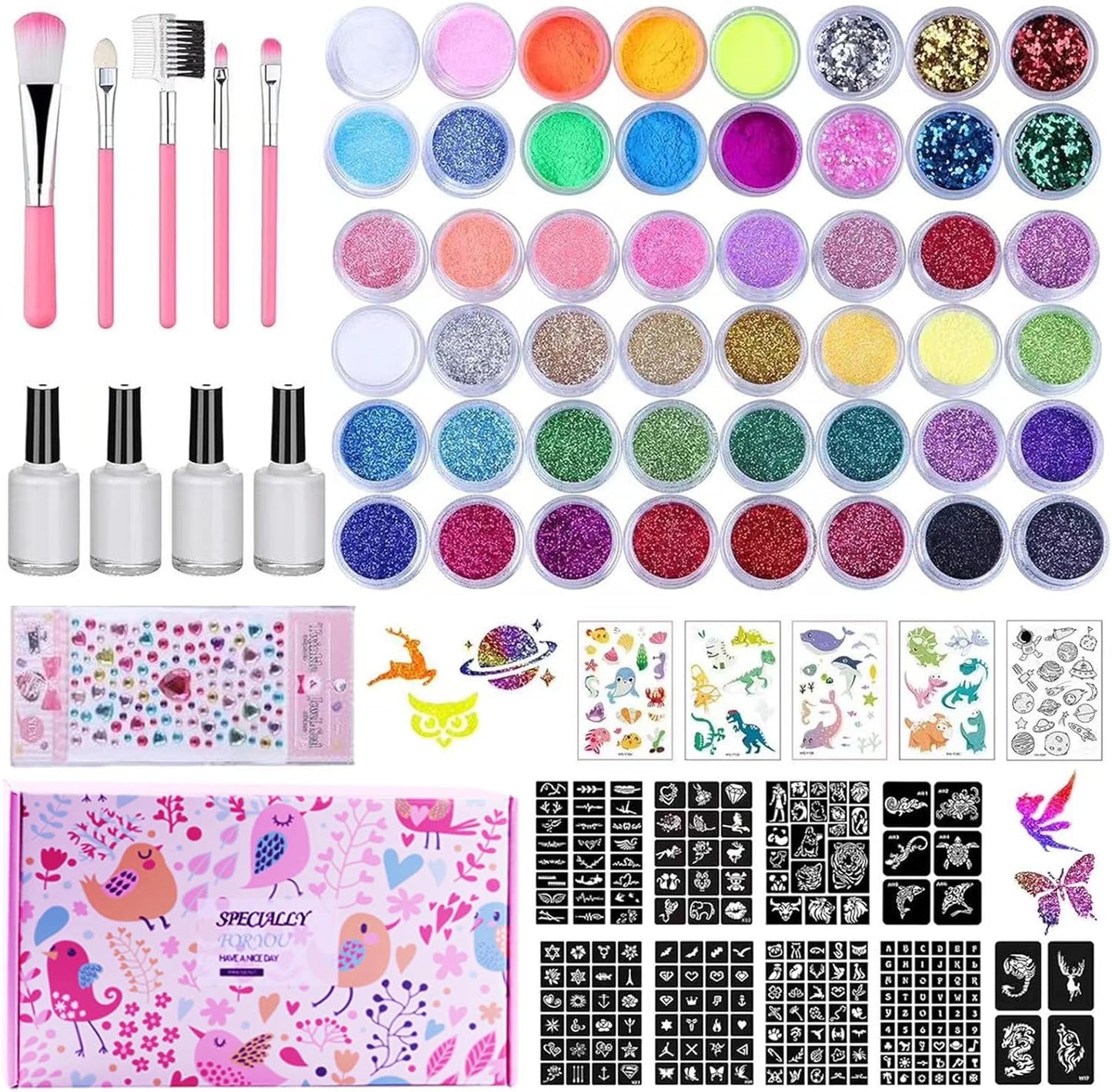 Temporary Glitter Tattoos Kit Kids, 48 Colors Powder with 209 Temporary Tattoo Stencils and 5 Luminous Tattoo Stickers, Body Nail Arts and Craft Glitter Make Up Kit, Gifts for Girl Boy Party