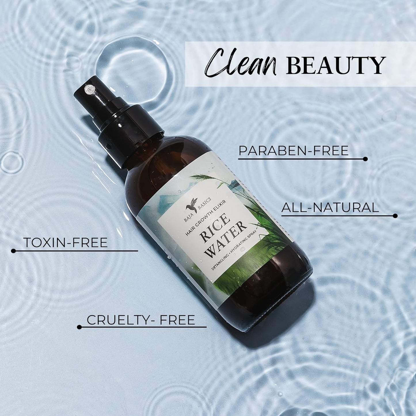 Rice Water For Hair Growth by Baja Basics, Thickness, Strength, Shine - Leave-in Conditioner for Scalp, Dry Split End Moisturizer - Fermented Rice Water Spray for Curly, Straight, Thick, Thin Hair 4oz