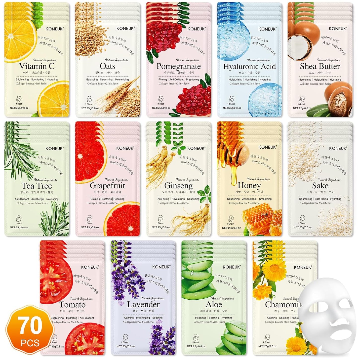 70 Pack Sheet Face Masks Skincare, Hydrating Face Masks Suitable for All Skin Types, Bulk Facial Mask Gifts Set for Women Skin Care, Home Skincare Spa for Sensitive Skin