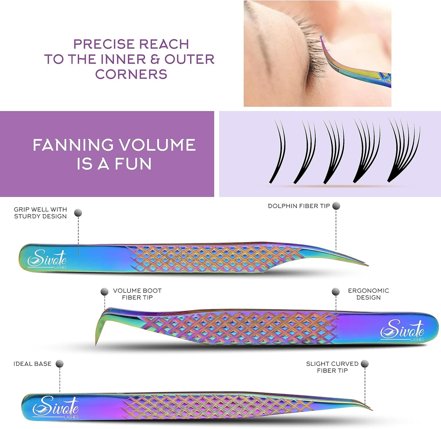 SIVOTE Eyelash Extension Tweezers Fiber Tips, Set of 6, Curved, Dolphin, 90 Degree 45 Degree, Volume Boot & Slight Curved Tweezer, Rainbow