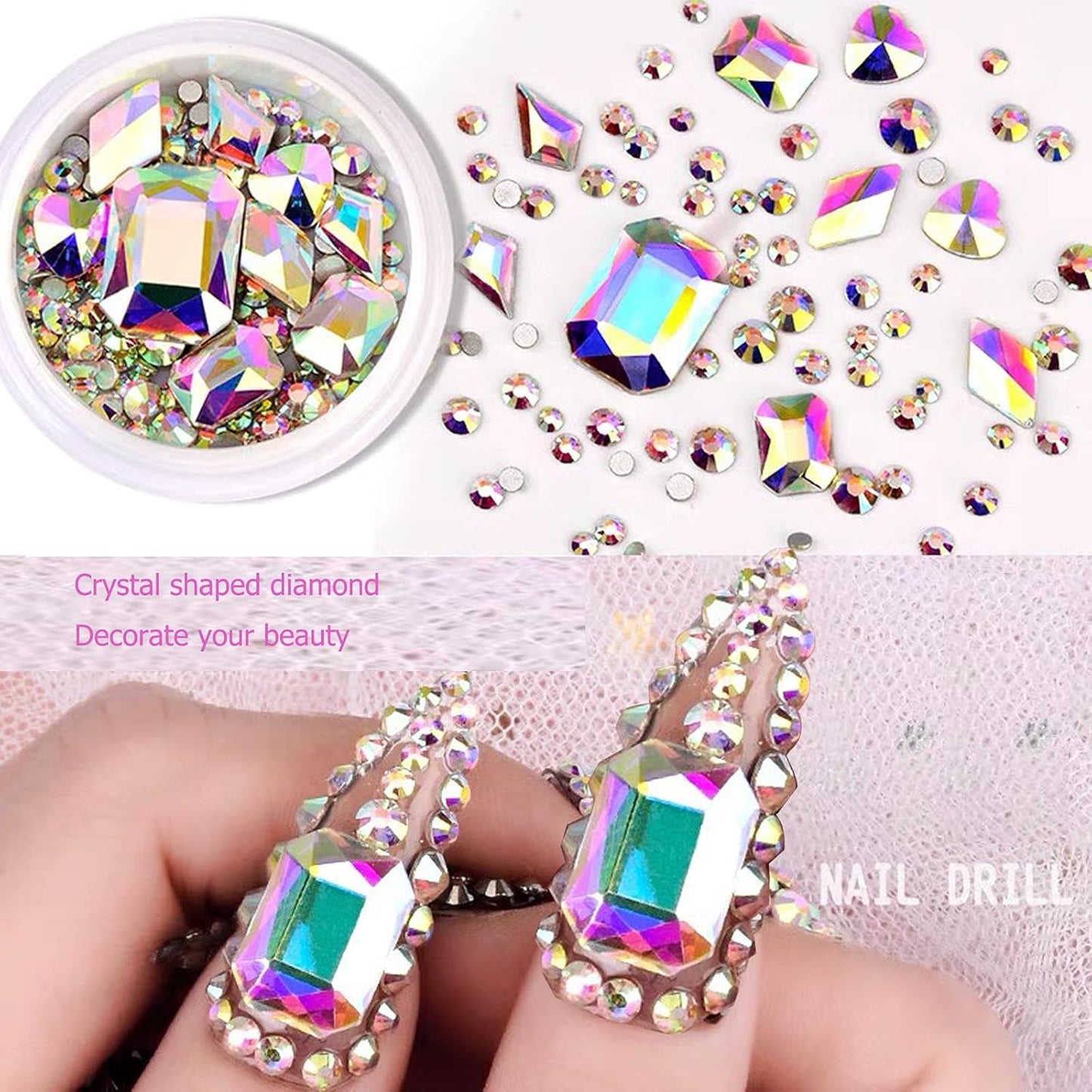 3100Pcs AB Crystal Nail Rhinestones, HOINCO Mix 20 Styles Flatback Rhinestone, 12 Types of 600 Diamonds + 2500 Round Beads, Crystals 3D Flat Back Gemstones for Nail DIY Crafts with Tweezers Pen