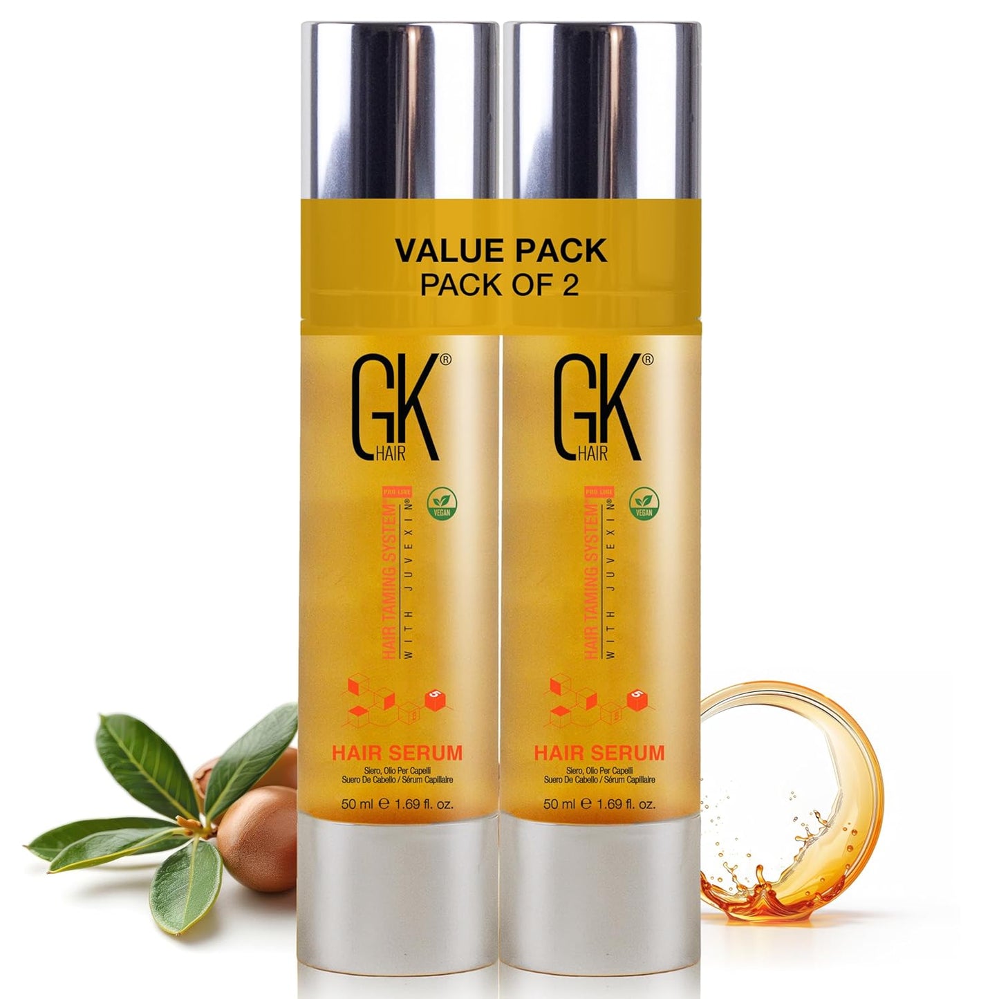 GK HAIR Global Keratin 100% Organic Argan Oil Anti Frizz Hair Serum Pack of 2 (1.69 Fl Oz/50ml) Styling Smoothing Strengthening Hydrating & Nourishing Heat Protection Shine For Frizzy Dry Damaged Hair