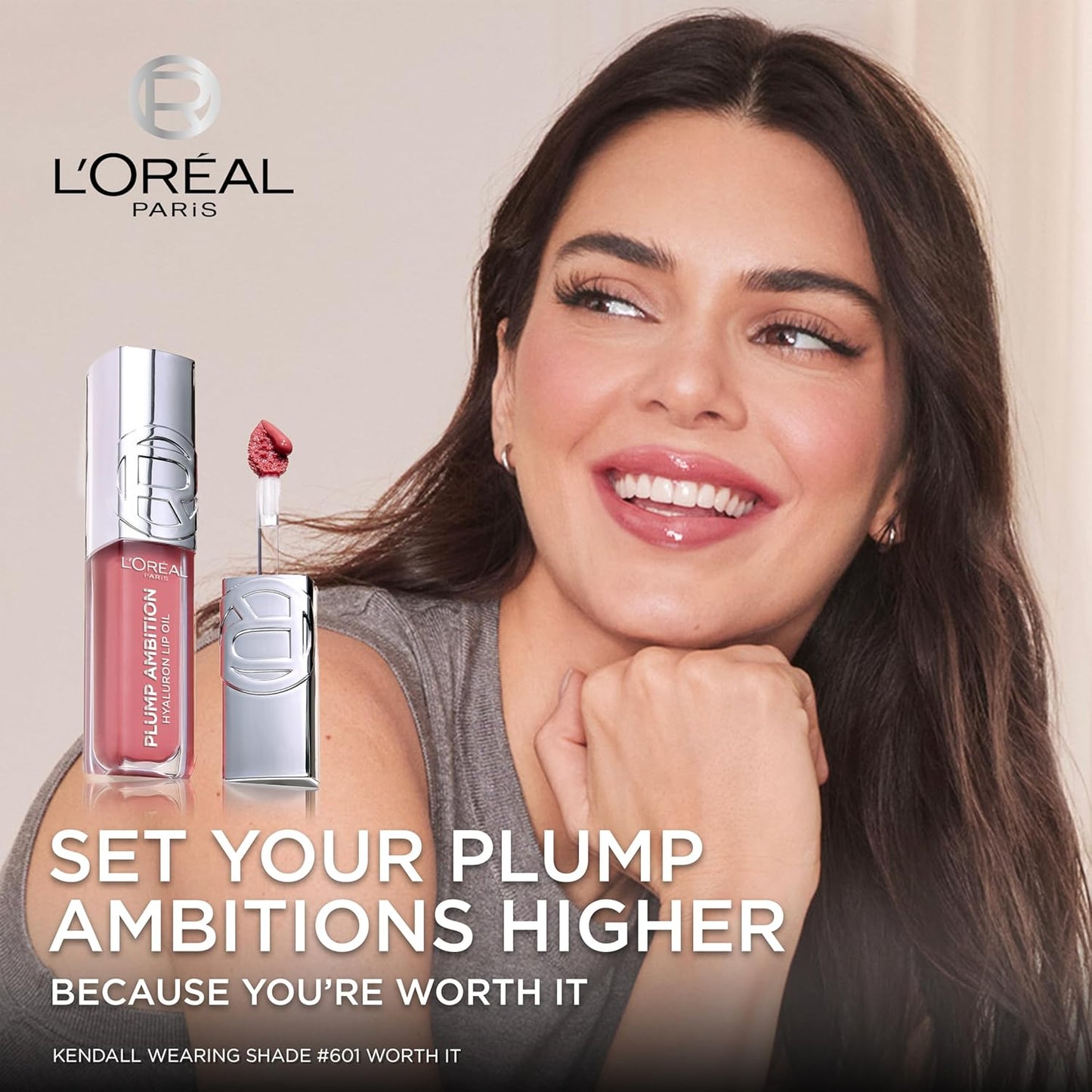 L'Oreal Paris Plump Ambition Hyaluron Lip Oil, 24 HR Lip Gloss with Hyaluronic Acid, Volumizing Formula with Glass-Like Shine, Worth It 601, 0.16 Fl Oz