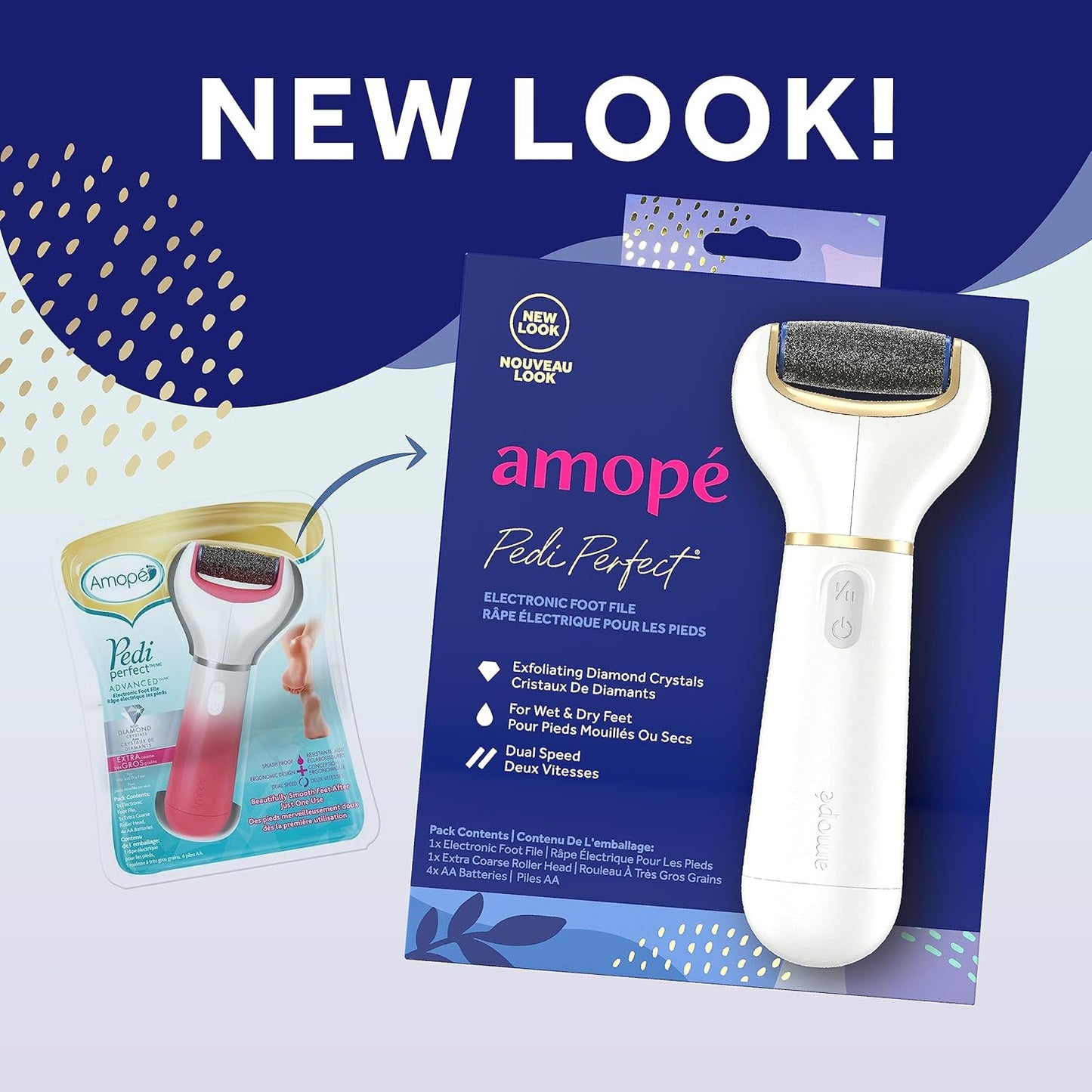 Amopé Pedi Perfect Electric Callus Remover Foot File w/ Diamond Crystals, Pedicure Tool for Feet, Removes Hard & Dead Skin, Feet Scrubber & Buffer, Splashproof, w/ Extra Coarse Roller Head, 1 Count