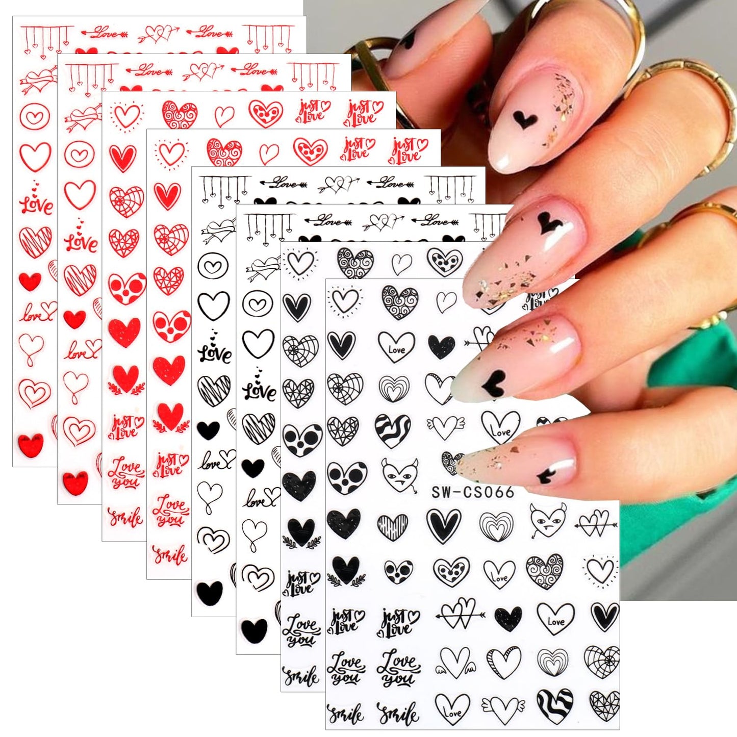 8 Sheets Valentines Nail Stickers Decal 3D Self-Adhesive Romantic Red Heart Nail Art Stickers Love Hearts Nail Design Acrylic Nail Art Supplies Valentines Day Nail Decals for Women DIY Nail Decoration