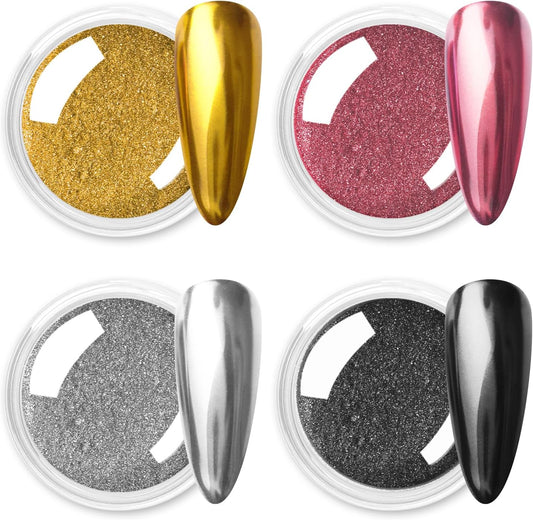 Allstarry Gold and Silver Chrome Nail Powder, 4 Colors Metallic Effect Mirror Chrome Powder Pigment Holographic Manicure Pigment Gold Siver Pink Chrome Nail Glitter