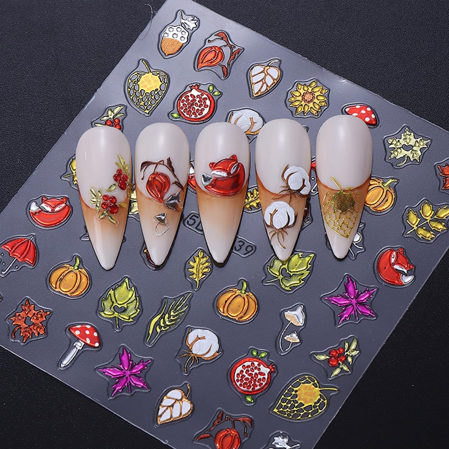 Fall Nail Stickers Thanksgiving Day 5D Embossed for Pumpkin Fox Maple Leaves Glitter Nail Art 3D Self-Adhesive Nails Decoration Autumn Holiday Nail Decals DIY for Women Girls Nail Supplies