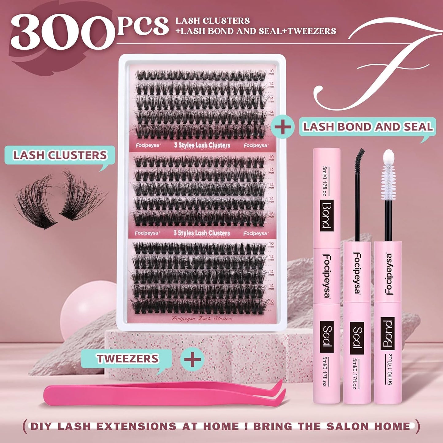Focipeysa Lash Extension Kit 300pcs Lash Clusters Volume Eyelash Extension 60D 70D 80D Eyelash Clusters 9-16mm DIY Lash Extensions Kit with Waterproof Lash Bond and Seal and Lash Tweezers