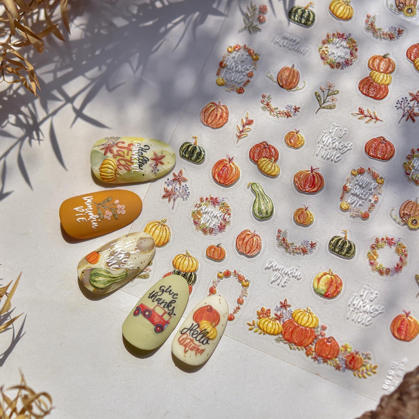 1 Sheet Pumpkin Nail Stickers 3D Self-Adhesive Garland Nail Art Stickers Flower Nail Decals 5D Embossed Green Pumpkin Nail Designs Autumn Fall Nail Art Decoration for Women Girls Manicure